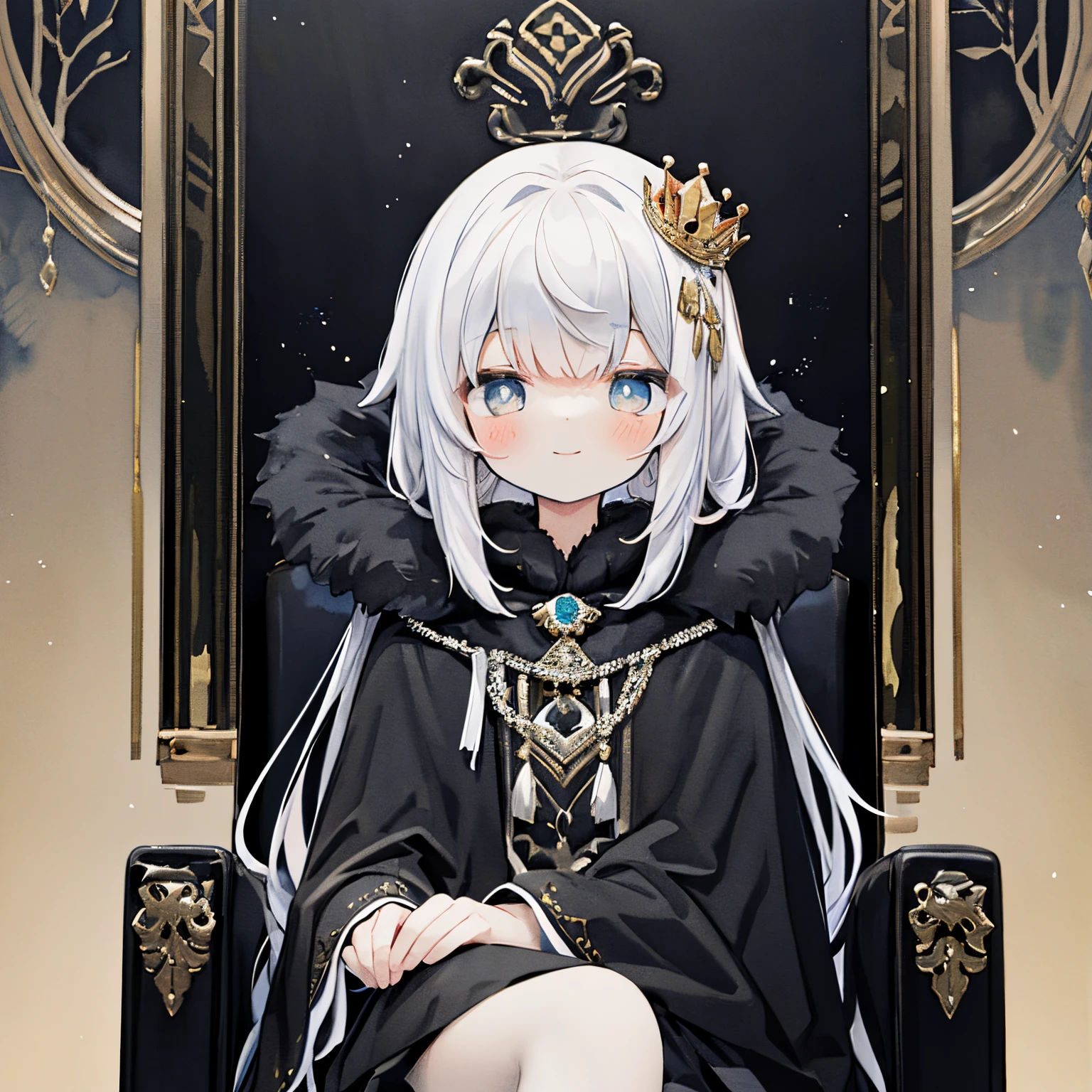 Transparent watercolor,girl with,Jewel Eyes,Beautiful arrangements and motifs、A slight smil、Girl sitting on the throne, black motif, A smile：1.0、Beautiful fece、depth of fields、With string、beautiful a girl、tiara crown、diadems、black motif、king、cloaks、Fur at the end of the cloak、black motif girl、a cool