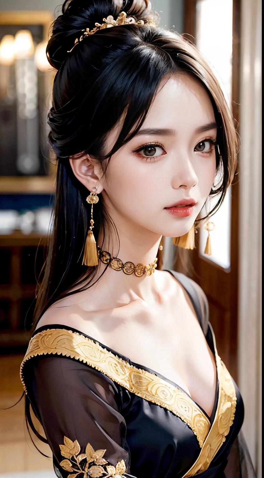 (8K, RAW photo, Photorealistic:1.25) ,( Gloss on lips, eyeslashes, gloss face, Glossy glossy skin, best qualtiy, 超高分辨率, depth of fields, color difference, Caustics, Wide light, naturalshadow, Kpop idol) Being in the room，European style，sitted，sliver long hair，White cheongsam，Red trim，Medium chest detail,8K resolution,超高分辨率,A young girl, A cute girl，short detailed hair，hair-bun，lipsticks，Tassel earrings，choker necklace，Black clear eyes，Smooth hair,鎖骨,Exquisite and perfect facial features, the most beautiful big eyes,Long eyelashes,The eyes are sweet and there are lying silkworms，dynamic angle,Extreme picture quality,Highest precision,Precise and perfect human anatomy，(((Antique tulle black Hanfu，gold embroidery)))，((sitted))，Warm scene，超高分辨率，Ultra-clear vintage black flowing hair，Delicate bun）By bangs，（Long flowing hair，With a bun:1.3）），Delicate collarbones，beautiful make up，Exquisite and perfect facial features，，Big watery eyes，Lying silkworm，Long eyelashes，The eyes are sweet and have eye shadow，Slim waist，Do not show your hands，，lipsticks，Blushlush，Delicate earring earrings，pearls necklace