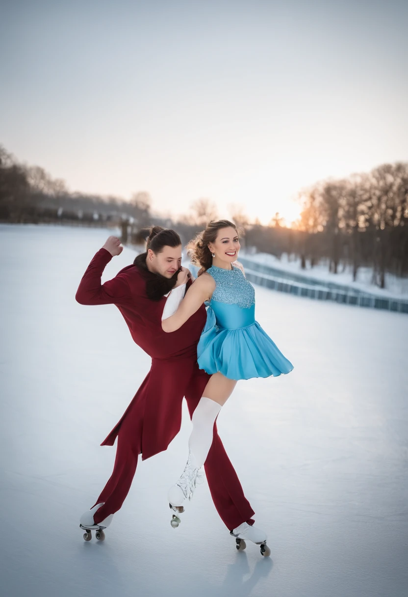 The image is a full-body photo taken with a high-resolution camera， （Strong and slender figure），dressed in（Elegant and detailed blue figure skating dress），（Standing at the skating rink）Upp，（roller skates）glide gently across the ice，black in color（updo hair），（Beautiful and detailed dark eyes），（s the perfect face），（ - Shooting light：Natural light or soft artificial light，Make colors and textures more vivid，A woman’s skin tone is more natural，Brighter Eyes - Photoshoot Background：The composition follows the rule of thirds，The stream is babbling，There are faint waves of water，Clear，Hand-held iPhone 15 echoes the wallpaper，Create a harmonious and unified atmosphere - shooting details：Pay attention to the highlights and reflections of the Apple 15 phone，Avoid overexposure or darkness，Use plasticine or other tools to remove unwanted reflections - Photograph action： The skating posture is beautifully stretched，As if dancing on ice，There is ice forest