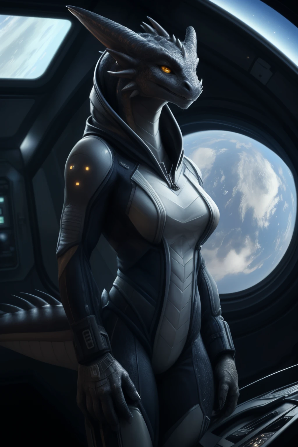 Sexy Character Portrait, Adult, (woman's:1.4), (anthro:1.2), ((dragon, scalie, woman, dragon head, detailed head)), ((futuristic clothes, quarian spacesuit, Tali'Zorah)), Thin, hi res, photo realism, soft shading, presenting , (A detailed eye:1.1), Beautiful eyes, (Masterpiece:1.2), Detailed Face,  good anatomy, Detailed scales, 1tail, tail, Cinematic lighting, ultradetailed, Professional photography, HDR, ........3d, lifelike, Cinematic, Realistic, hyper detailed, max detail, surround light, Author: kenket , by Ross Tran, Michael & Inessa Garmash, pino daeni, by ruan jia, 独奏, (Realistic scale, scale, Realistic texture scale:1), Detailed background, Photorealistic, hyper realistic, Standing, The interior of the space station, Zero gravity, outer space