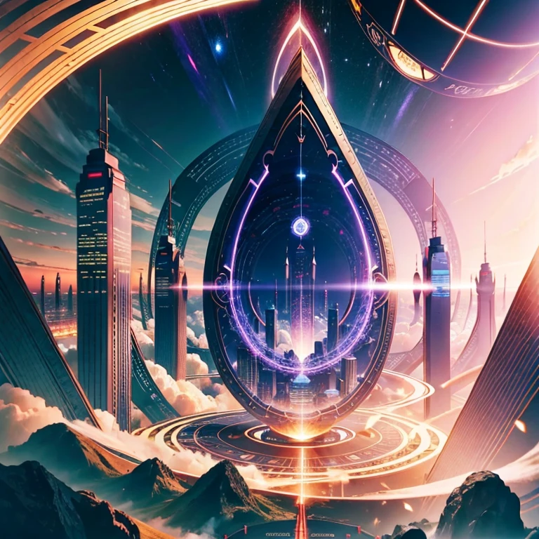akashic records, AND sky scrapers, loop, infinity, be deep, dynamic angle, stereoscopic effect, multiple layers, best quality, 8K, uhd, 3D render, otherworld, futuristic, round architectures, fictional materials, multiple floating vehicles, elevated roads, drones, solar powered