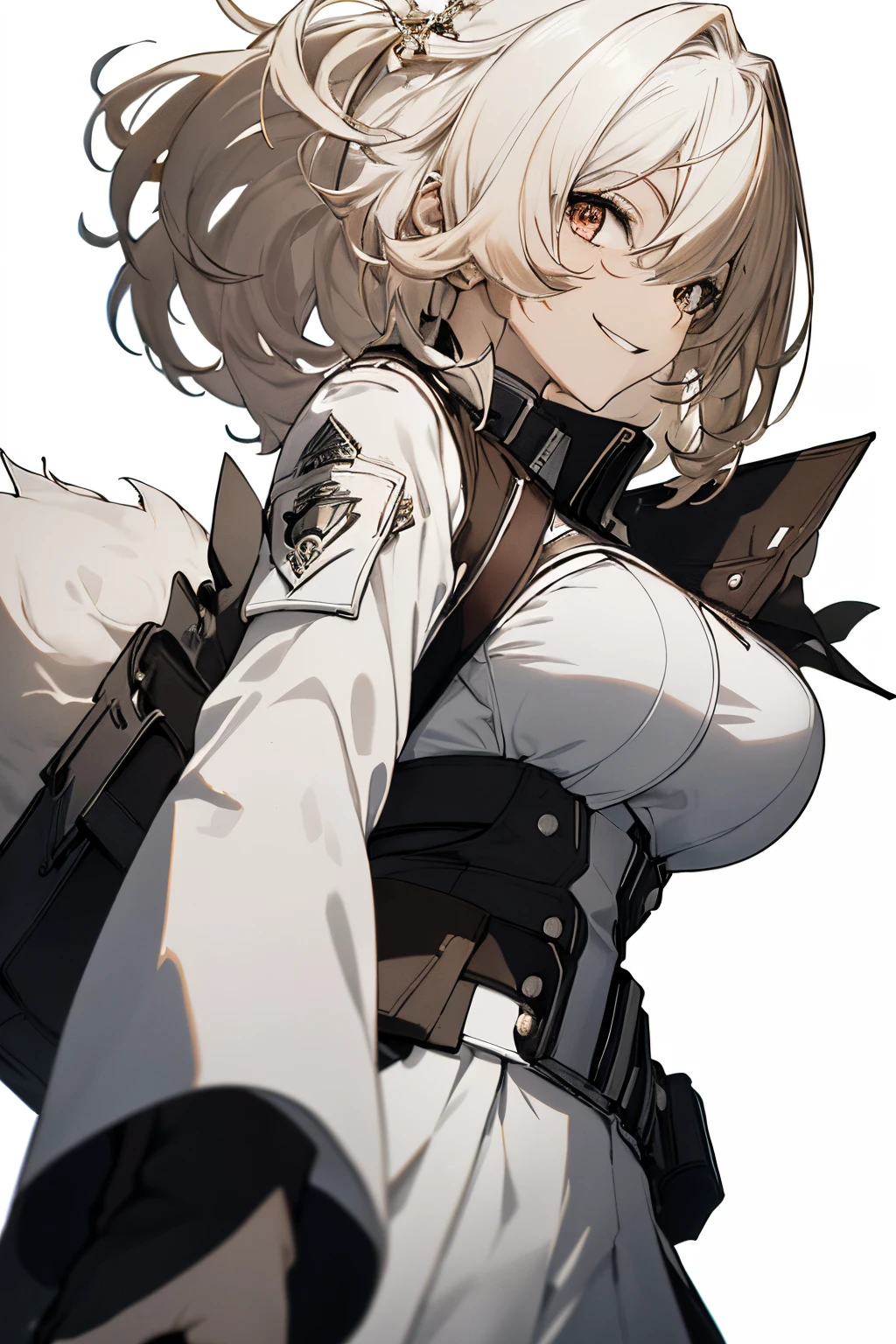 (Super Sexy Pose:1.2), (from below looking up:1.2), 1 girl in, Full body, White one-piece military uniform, (masutepiece:1.2, Best Quality), (finely detailed beautiful eye: 1.2), (beautifull detailed face), High contrast, (Best Illumination, extremely delicate and beautiful), ((Cinematic Light)), Dramatic light, Intricate details, dark orange eyes, Undersized boobs, Belt under boobs, White military uniform, White skirt,blonde  hair, Black tie,  (Pale white background:1.5), Wolf cut hair, accurate hands, Look at me and smile, ruddy skin