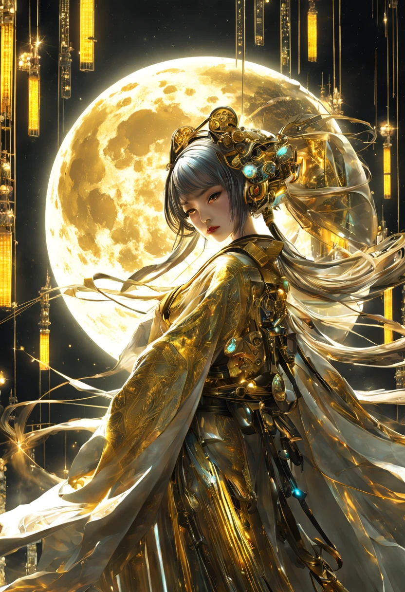 A Japanese Lady,Kimono that shines in gold, __quiron/generic__, Neon light, rampage, cybernetic enhancements, Futuristic, scifi, Science fiction, epicd, A huge moon in the sky, wires, tech, Futuristic, Highly detailed