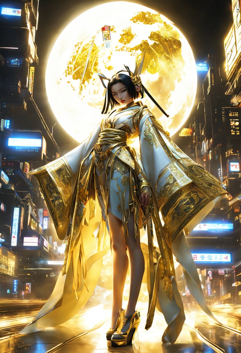A Japanese Lady,Kimono that shines in gold, __quiron/generic__, Neon light, rampage, cybernetic enhancements, Futuristic, scifi, Science fiction, epicd, A huge moon in the sky, wires, tech, Futuristic, Highly detailed
