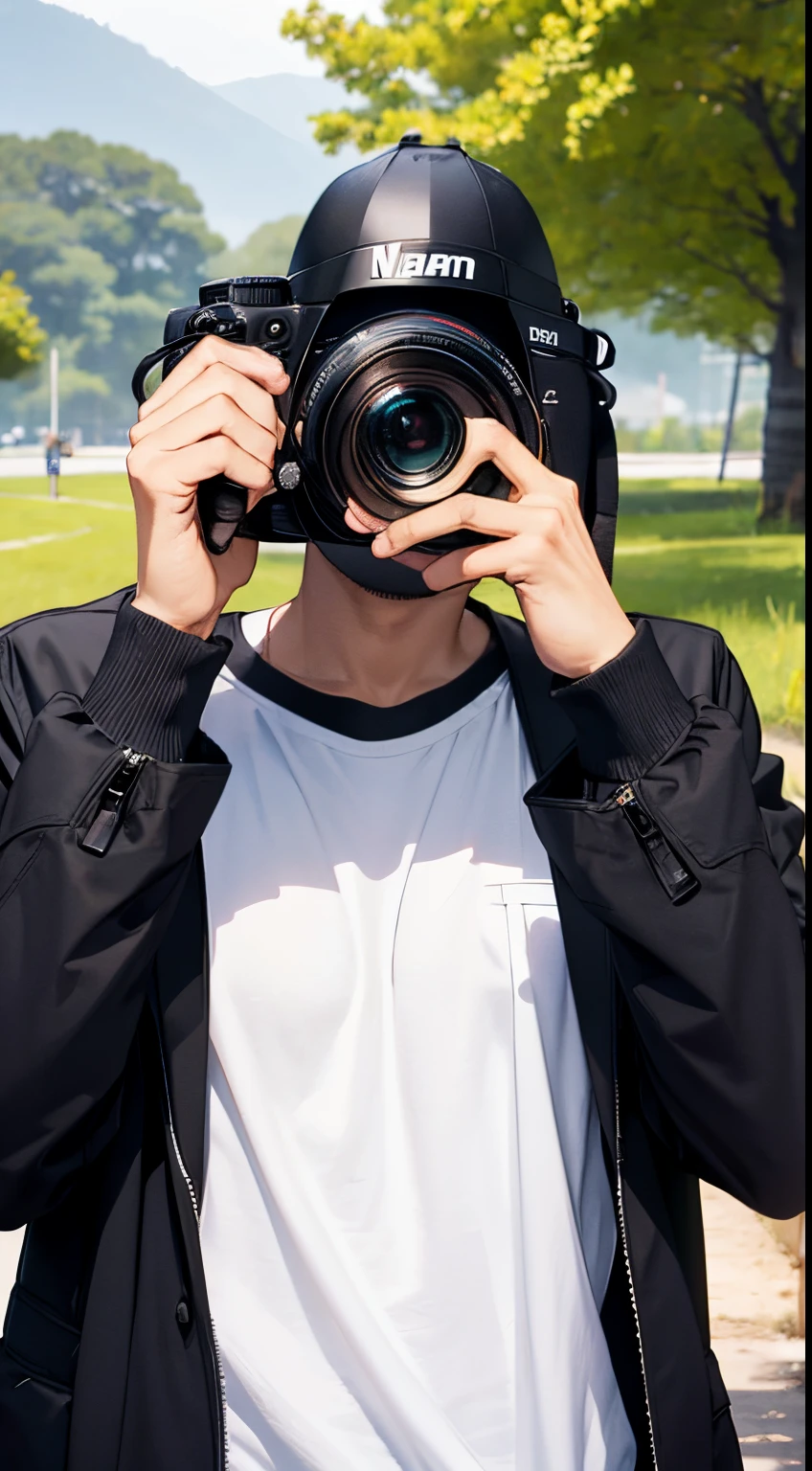 A man wearing a black jacket and white t-shirt is holding a camera to photograph natural scenery, beautiful natural background, master piece, best quality
