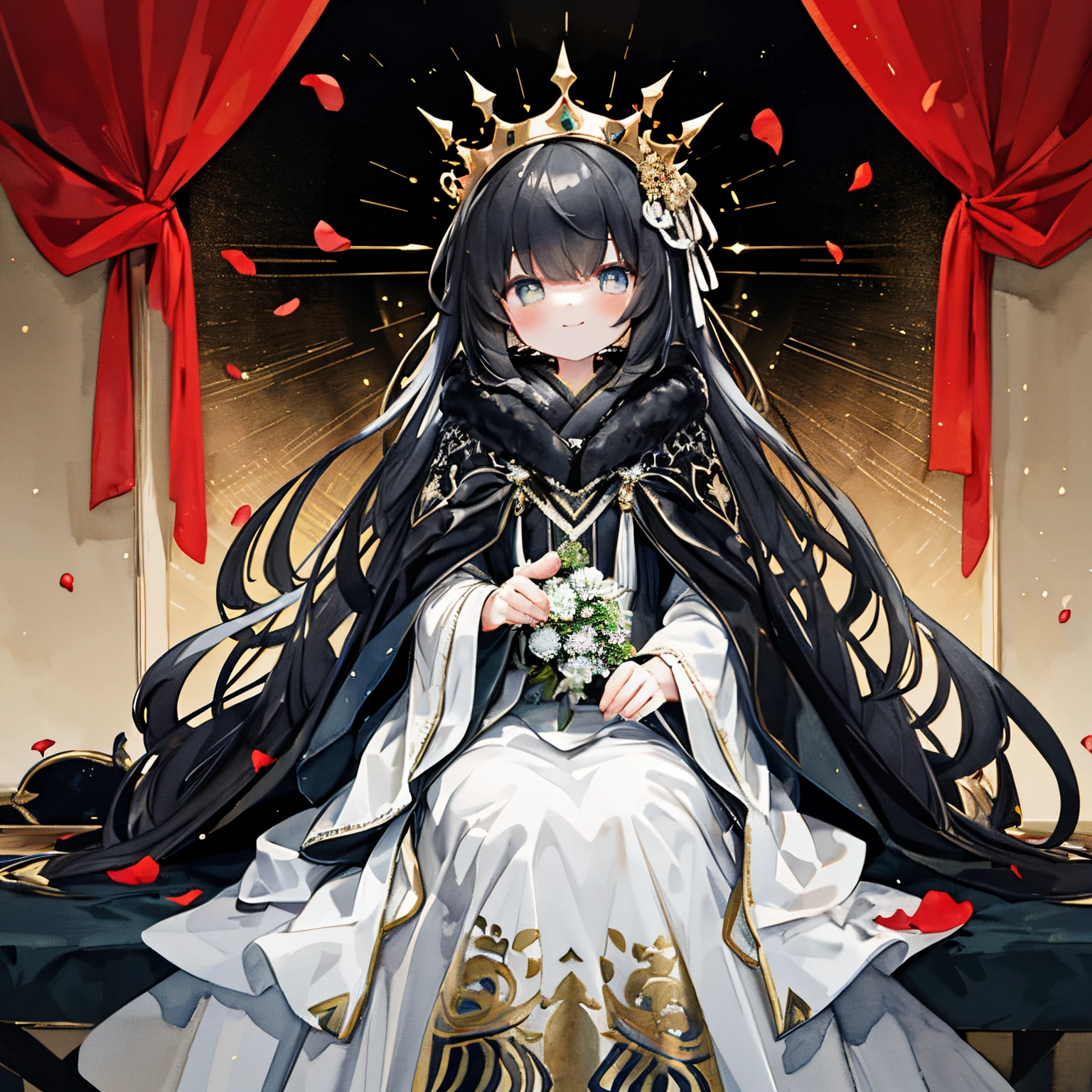 Transparent watercolor,girl with,Jewel Eyes,Beautiful arrangements and motifs、A slight smil、Girl sitting on the throne, black motif, A smile:1.0、Beautiful fece、depth of fields、With string、beautiful a girl、tiara crown、diadems、black motif、king、cloaks、Fur on the edge of the cloak、girl with black motif、a cool、black and red、Rose petals
