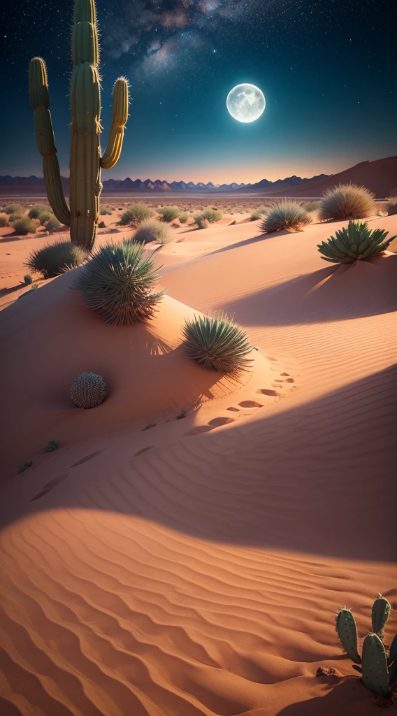 Ultra realistic 8k picture, desert, beautiful night, sky filled with stars,full moon,sand field and a cactus tree, colourful details
