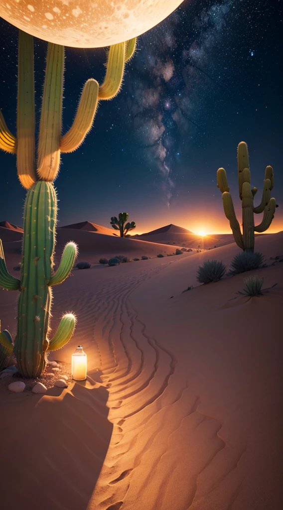 Ultra realistic 8k picture, desert, beautiful night, sky filled with stars,full moon,sand field and a cactus tree, colourful details