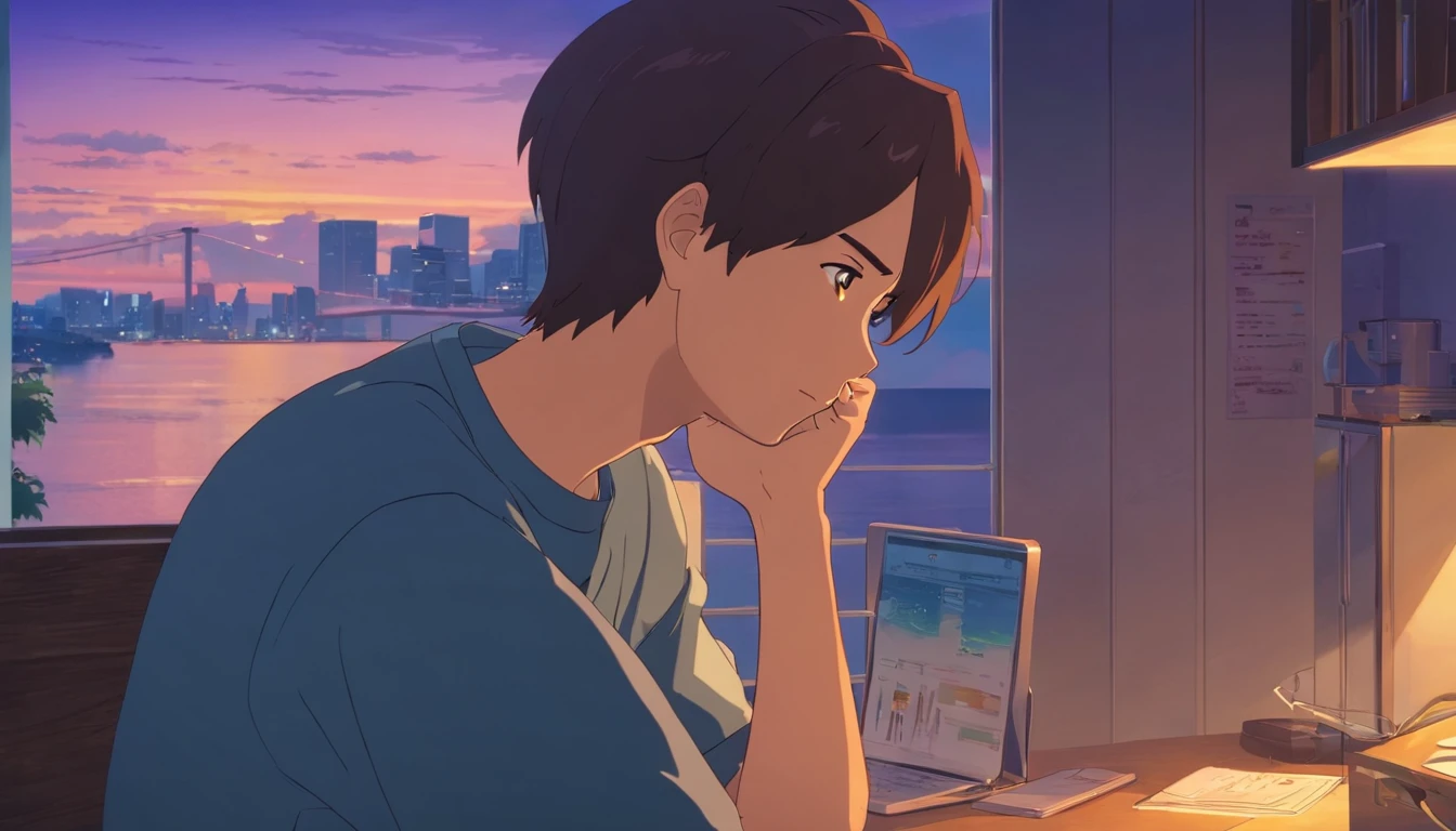 At dusk、A man with a sad face、talking on the phone indoors
