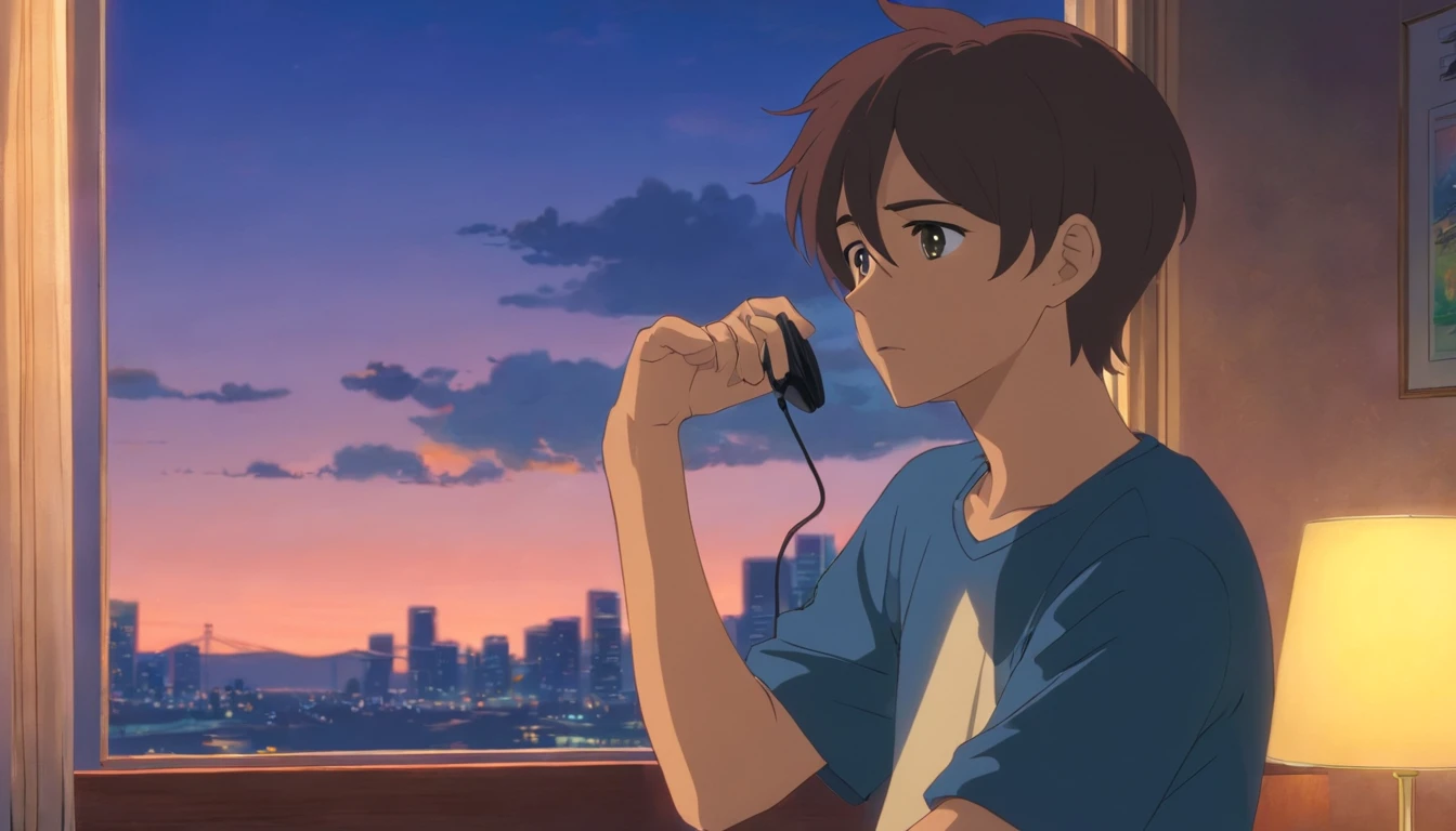 At dusk、A man with a sad face、talking on the phone indoors