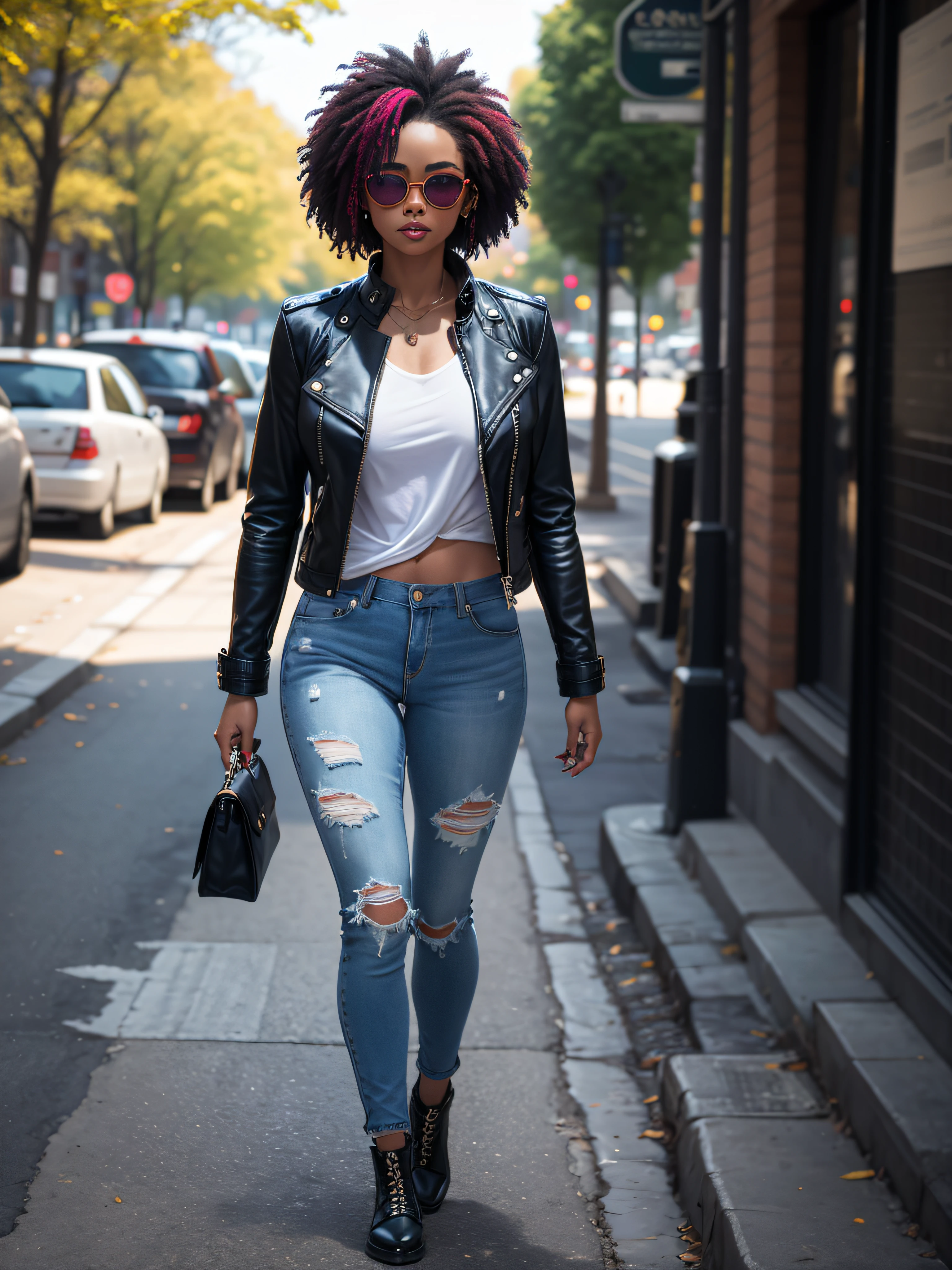 photo-realistic, ultra realisic, ..3d, Artstation, cgsociety, 8K, Award-winning photo of a beautiful woman, walking at the park, (moda), (multi-colored hair: 1.2), cheekbones, detailized face, Jewelled, Beautiful long leather jacket , torn jeans, (Exquisitely detailed skin, perfect anatomy, wide thighs), Multi-colored sunglasses, Bright