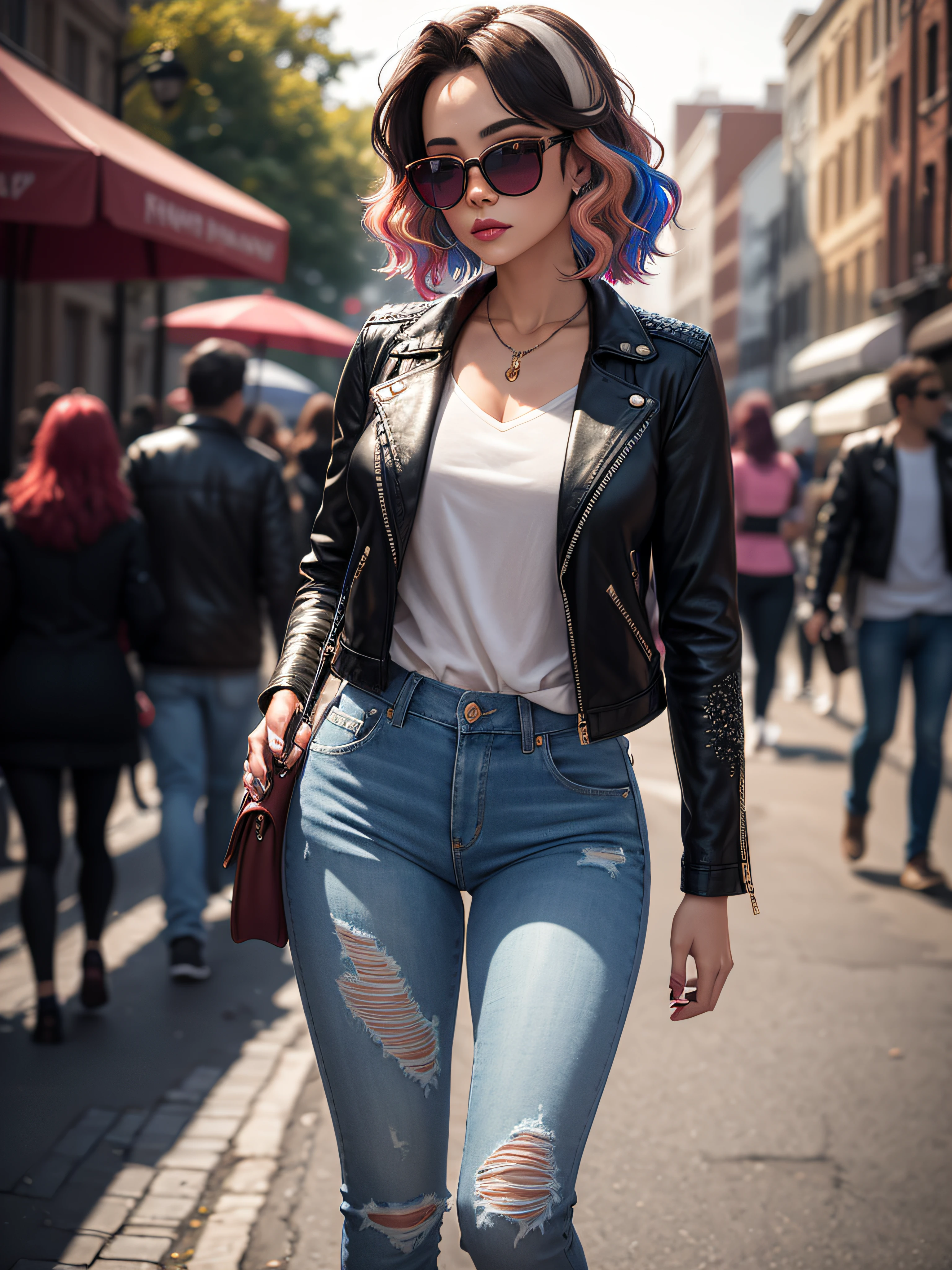 photo-realistic, ultra realisic, ..3d, Artstation, cgsociety, 8K, Award-winning photo of a beautiful woman, walking at the park, (moda), (multi-colored hair: 1.2), cheekbones, detailized face, Jewelled, Beautiful long leather jacket , torn jeans, (Exquisitely detailed skin, perfect anatomy, wide thighs), Multi-colored sunglasses, Bright
