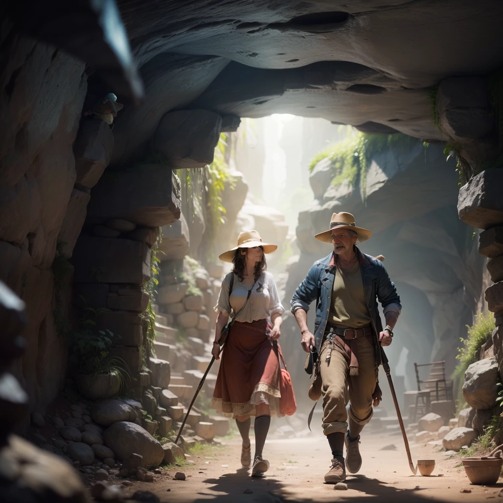animated, discover a treasure, in a cave, by three woman and one man, all archeologists, face clear, image 4k resolution, clear image --auto --s2