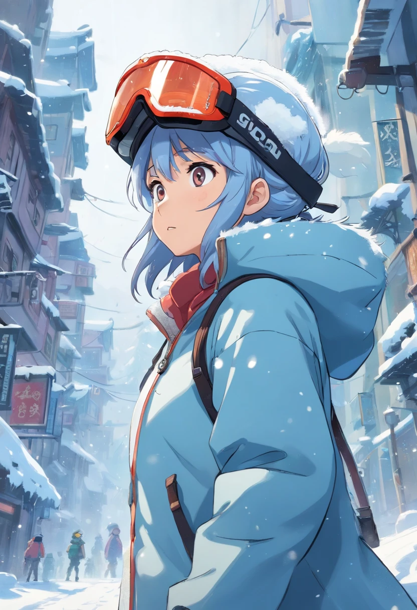 A female character amidst the chaos of a DDOS attack, her eyes concealed behind a snow-covered visor. She stands resolute in a dystopian world where pandemonium unfolds before her. This artwork combines the unique styles of cartoons and realism, portraying a character with a snow-covered visor that obscures her eyes, emphasizing the obscured vision and the world in turmoil. Snowboarding shot, ice, Snowstorm