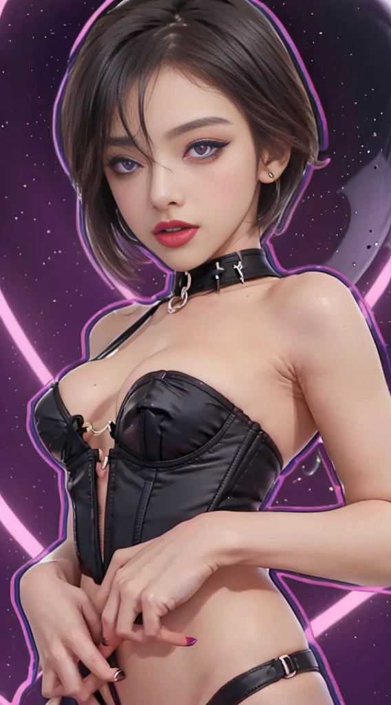 (Best Quality, Masterpiece: 1.1), (Fidelity: 1.4), 1 Girl, Upper Body, NeonHypnoPMV,purple_eyes, looking at viewer, ,Very Short Hair, Studio, , slave, Black Corset, , Slave Collar, Slave, , Woman Tied With Rope, Blindfold, Handcuffs, , , Bound