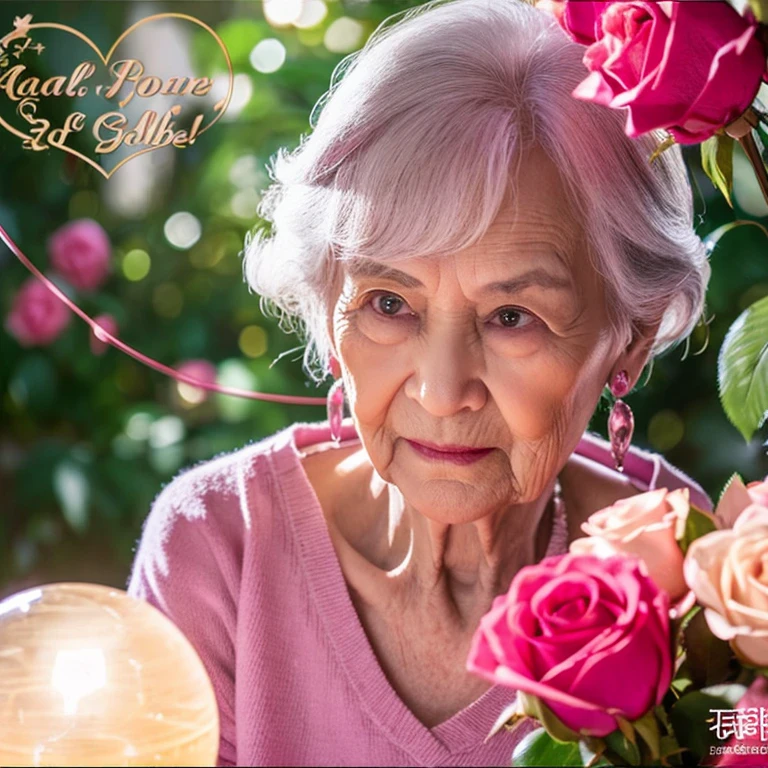 grandma、Looking forward to the supernatural power of the elderly with a crystal ball、The background is pink roses、heart crystal、shorth hair