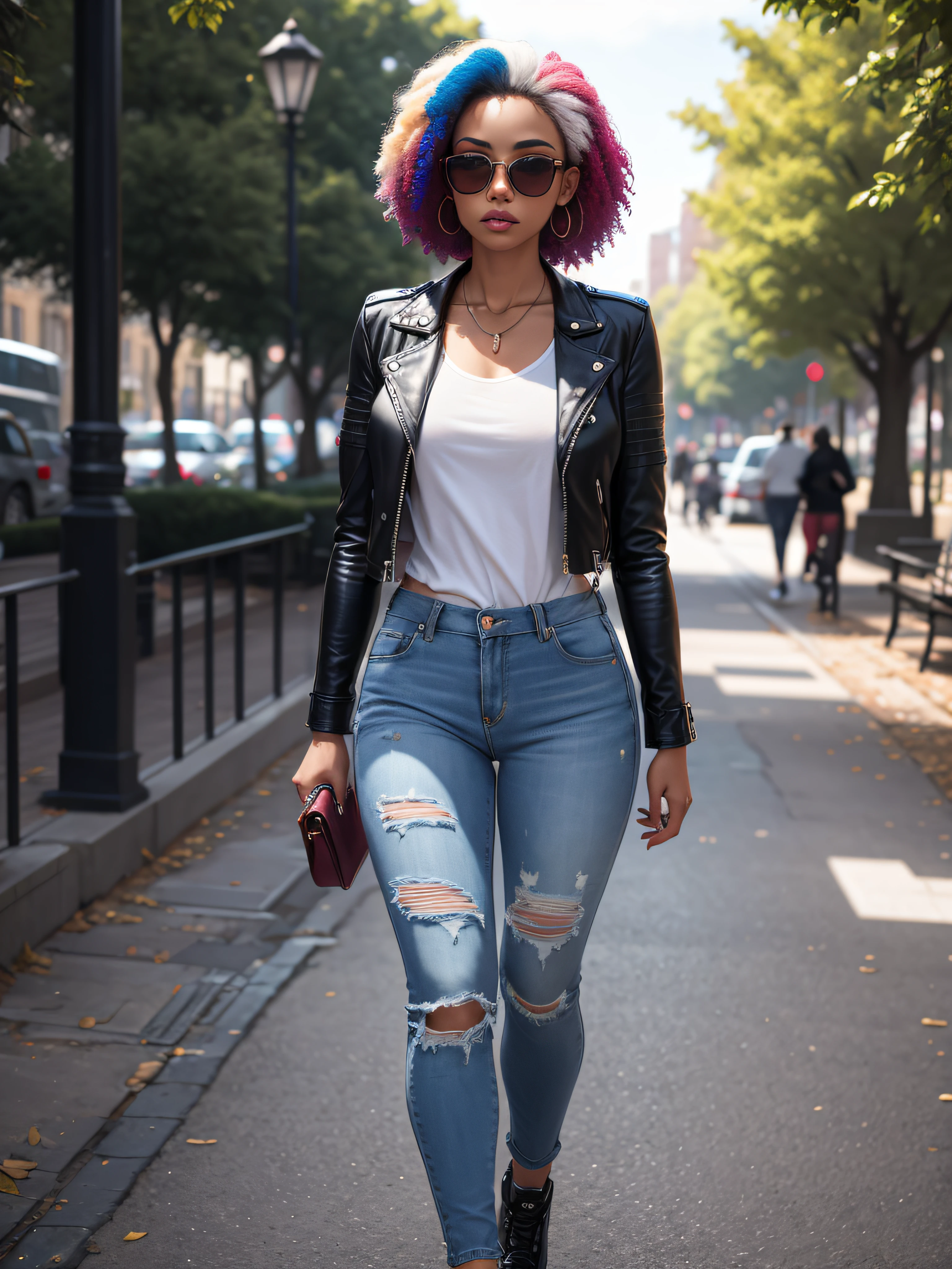 photo-realistic, ultra realisic, ..3d, Artstation, cgsociety, 8K, Award-winning photo of a beautiful woman, walking at the park, (moda), (multi-colored hair: 1.2), cheekbones, detailized face, Jewelled, Beautiful long leather jacket , torn jeans, (Exquisitely detailed skin, perfect anatomy, wide thighs), Multi-colored sunglasses, Bright