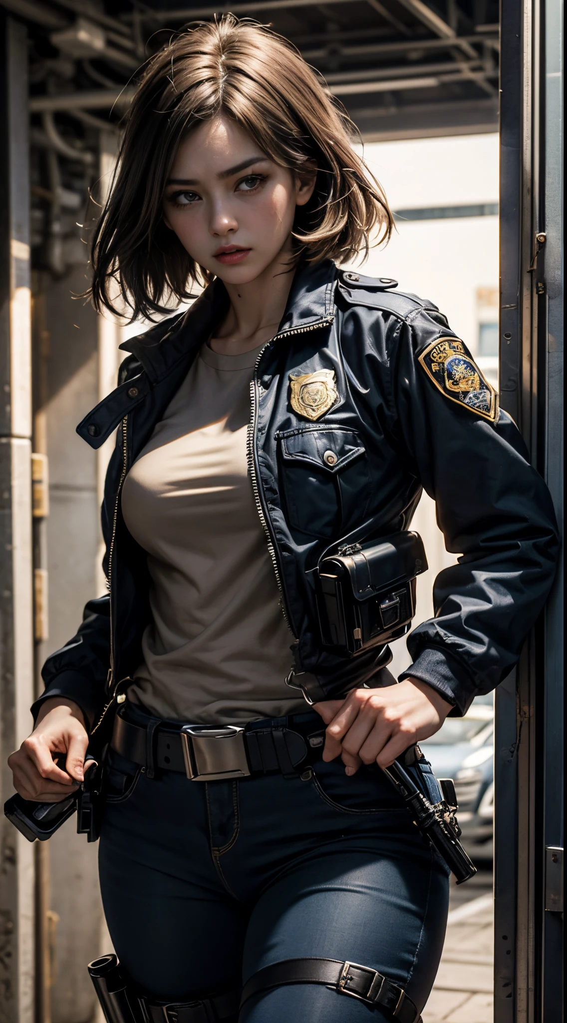 8k, top-quality, （pubic hair beauty）、hight resolution, 逼真, realperson, the met、(((Female Detective)))、chasing the criminal、((Desperate face))、Running and sweating、desperate、pistols、Have a shotgun、police cars