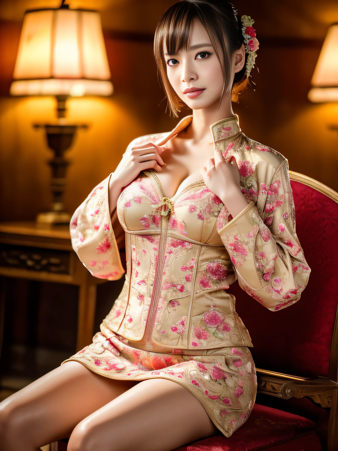 Best Quality, (Raw photo: 1.2), (masutepiece: 1.4), (Realistic: 1.4), (High resolution: 1.4), Chinese actress Grinaza, depth of fields, Intricate details, 8K, Very detailed, Perfect Lighting, Epic background, 1.3, Cheongsam, Large Open 1.3 ((Chest exposed)), thin legs
