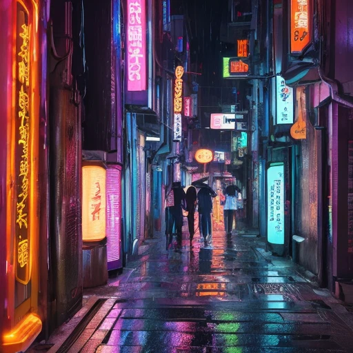 masutepiece, nffsw, 8K , Canon 5D Cyberpunk Alley: The dim, Rain-soaked alley full of holographic signs, futuristic graffiti, Lively street vendor.