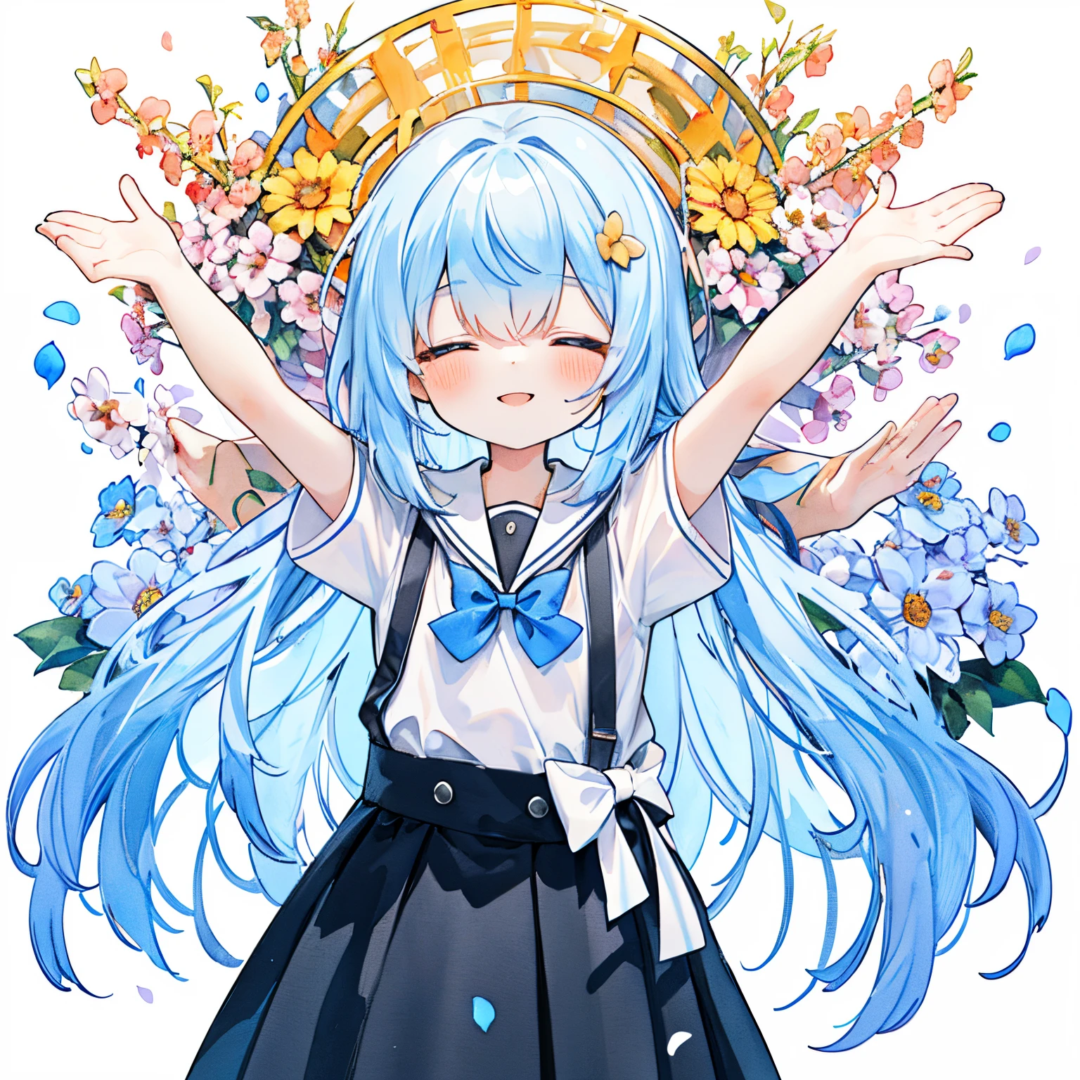 Transparent watercolor,girl with,Jewel Eyes,Beautiful arrangements and motifs、A slight smil、 A smile：1.0、Beautiful fece、depth of fields、Light light blue hair, school uniform, black school orchid, school orchid with open arms, open hands and sprinkling petals, orange petal, lively and cheerful young man, detailed picture, energy, best smile, orange, orange flower, white background, young man, Raise your hands up, scatter petals, close your eyes and laugh, very light blue hair close to white, hurrah pose, a 20-year-old man, One man, many florries, stretch one's arms straight up