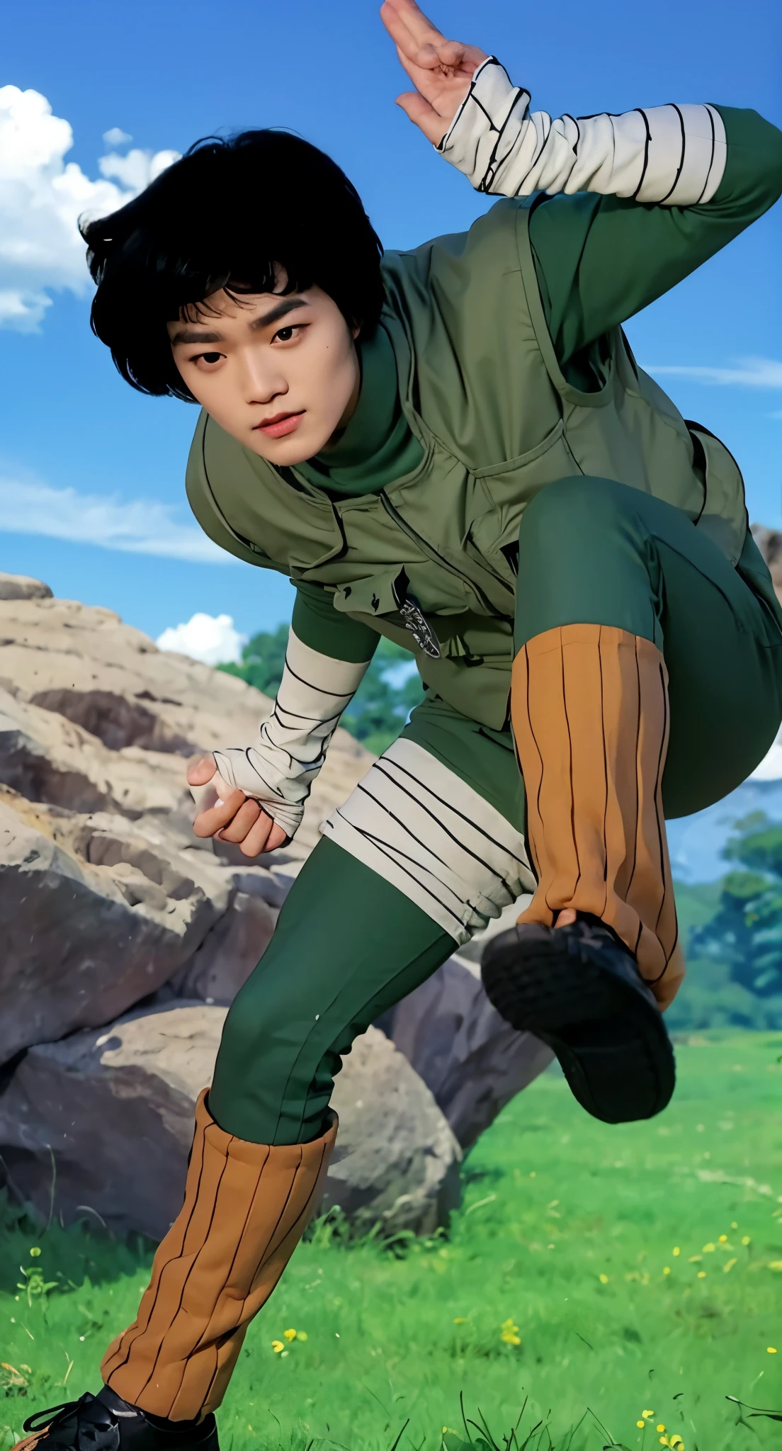 Real life adaption of this character ,Bruce Lee face ,realistic same bowl cut hair , (realistic same outfit wear green thick vest with many pocket), realistic jungle background , realistic light, realistic shadow, realism, hyper realistic,(photorealistic:1.2), his hand wrapped by white cloth