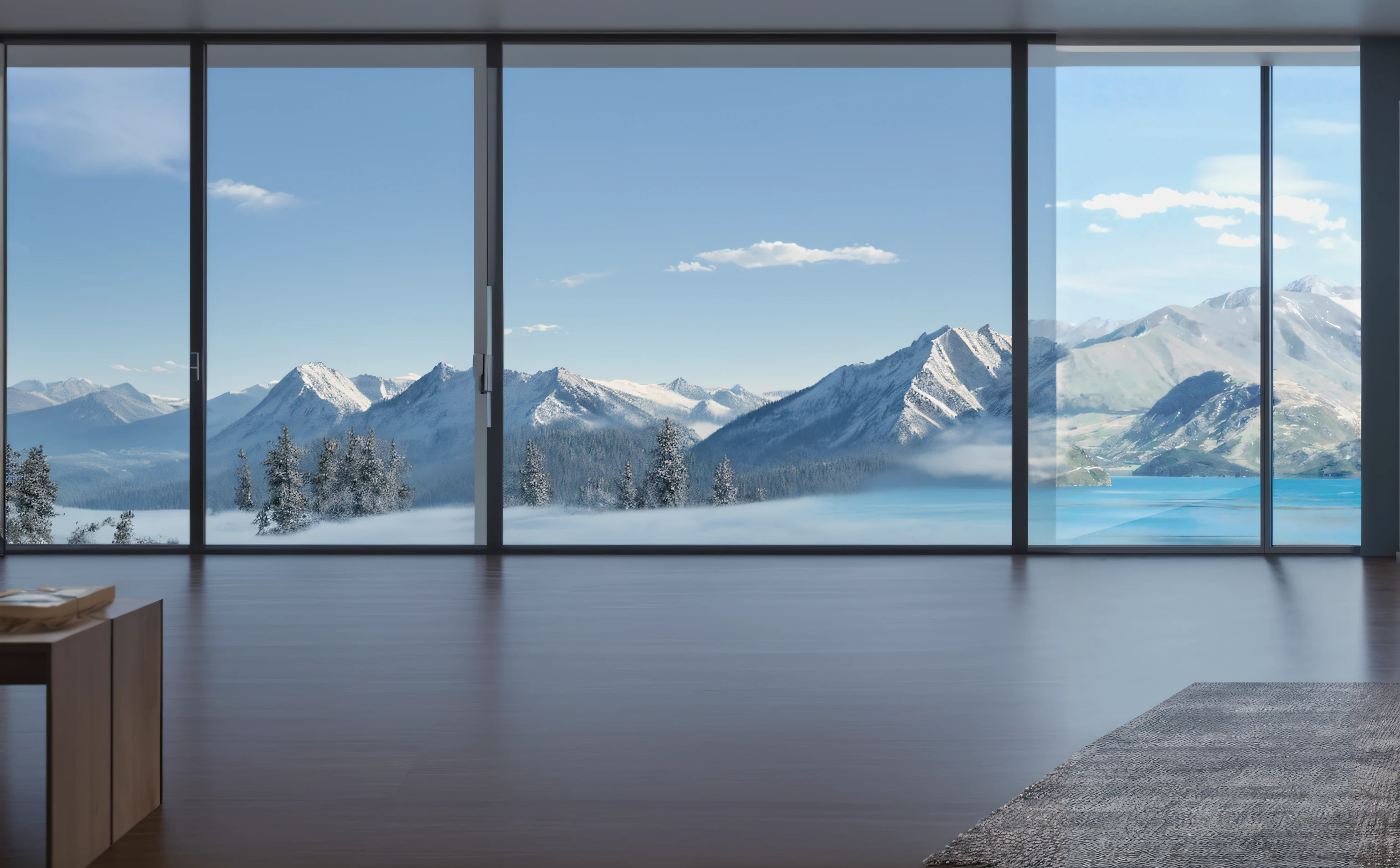 floor to ceiling window，with blue sky and white clouds，mountain ranges，Flooring