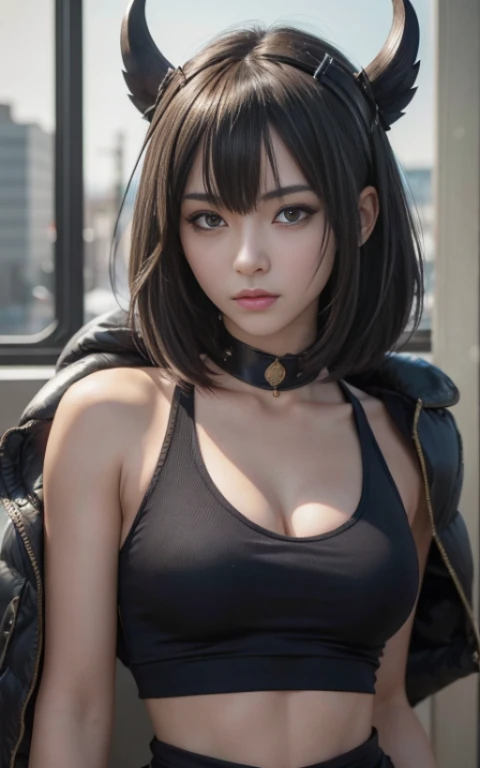 real Life adaption of this character,her name is Ts kiyara from anime ,hyper realistic , short hair, very realistic detailed hair, high resolution, photorealistic,very detailed,very realistic outfit, Japanese face,detailed shining eyes, calm expression,realism,