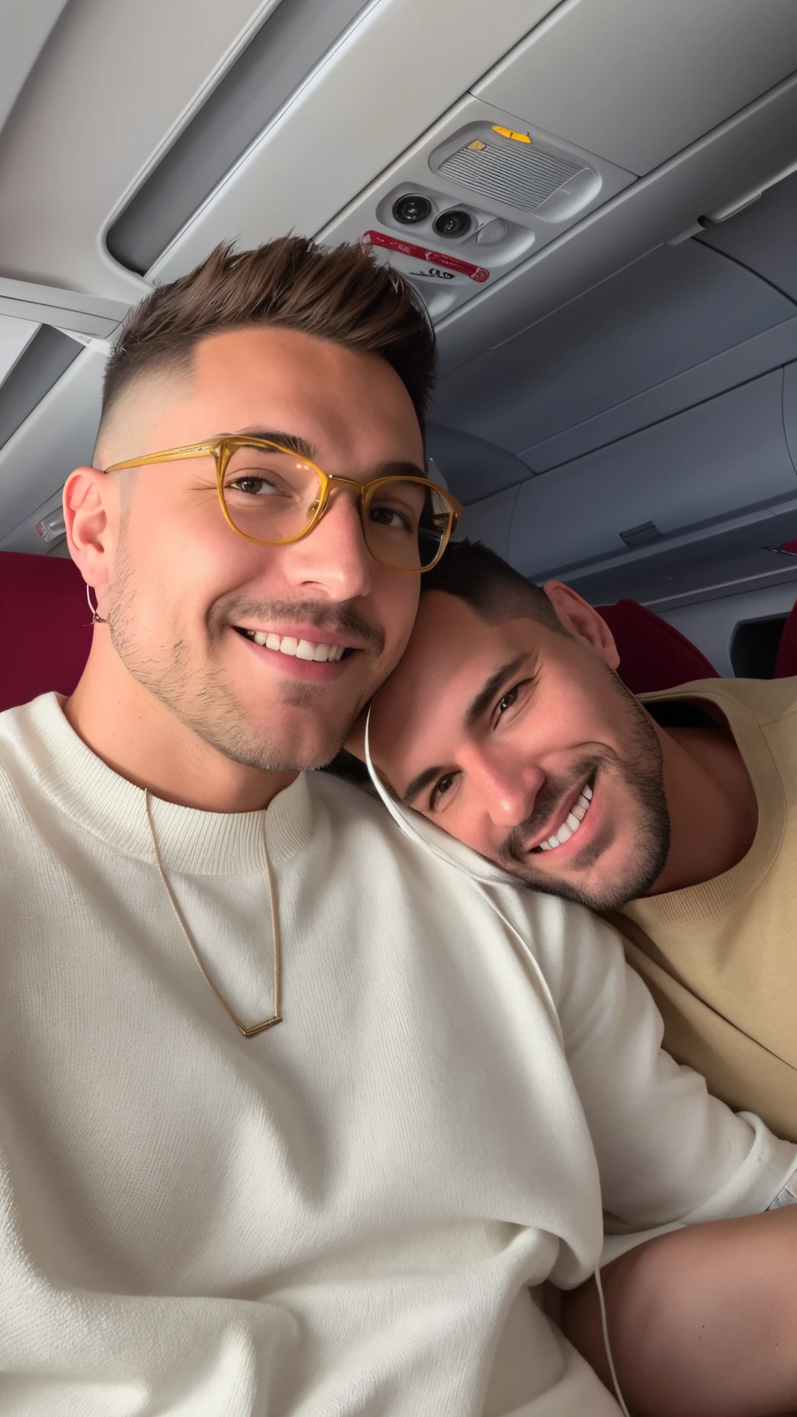 there are two men sitting together on a plane smiling, Mars Ravelo e Greg Rutkowski, Nick Silva e Ilya Kuvshinov, Barabas Miklos e Hollosy Simon, dois homens bonitos, Vitaly Bulgarov e Mike Nash, Greg Rutkowski e Jakub Rebelka, they are in love, s bonitos, foto do snapchat, Lgbtq, vacation photo