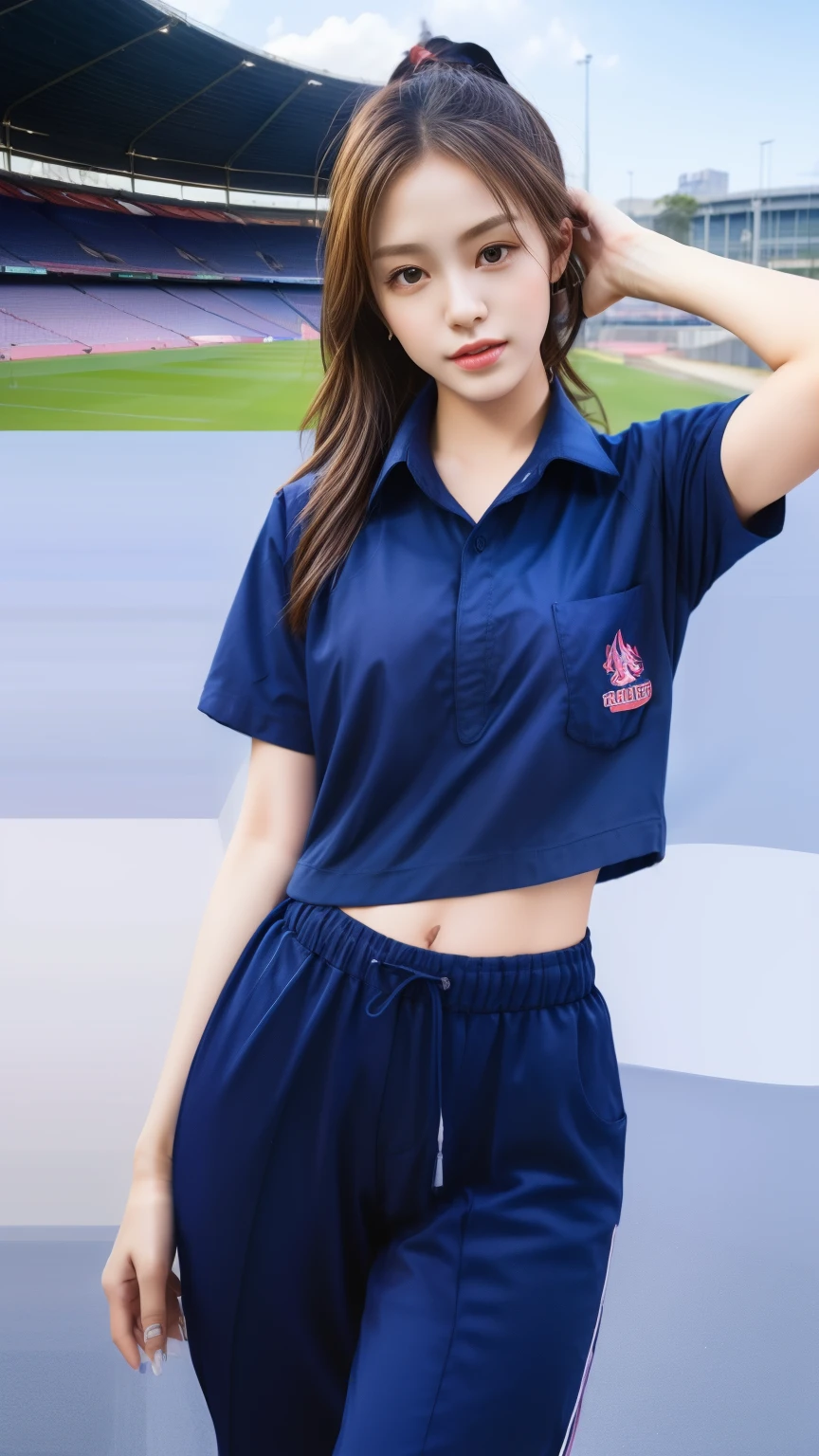 (bestquality,10,10,highres,masterpiece:1.2),ultra-detail,(Realistic,photorealistic portrait,photo-realistic:1.37),1 Cute girl in the football field,oily shiny skin,bara,light smile,BDclothes,((blue shirt:1.3)),short sleeves,shirt, trousers.,(navy_long_Pants Track:1.1), ((Stadium Background:1.3)),dynamic angle,excited,face focus,Dynamic Poses,from behide,Ass Focus,masterpiece, bestquality, ultra realistic, hyper-detail, 8k resolution, RAW photo, crisp focus, ((Navy blue shirt:1.1)), short sleeves, Long Path, Perfect body, 2 mature women, 18yo, cinematic light,Blue sweatpants,Gymware,Correct anatomy,Complete body, Correct body, sharp face, Anatomically correct body, full entire body, Realistic gestures, long-haired, Realistic poses,Wear long shorts...............,Long leg span,Shapely,Sculpting Girl, Slender Figure, mannequin mannequins, Shapely, Beautiful body,Blue sweatpants,Two girls kissing