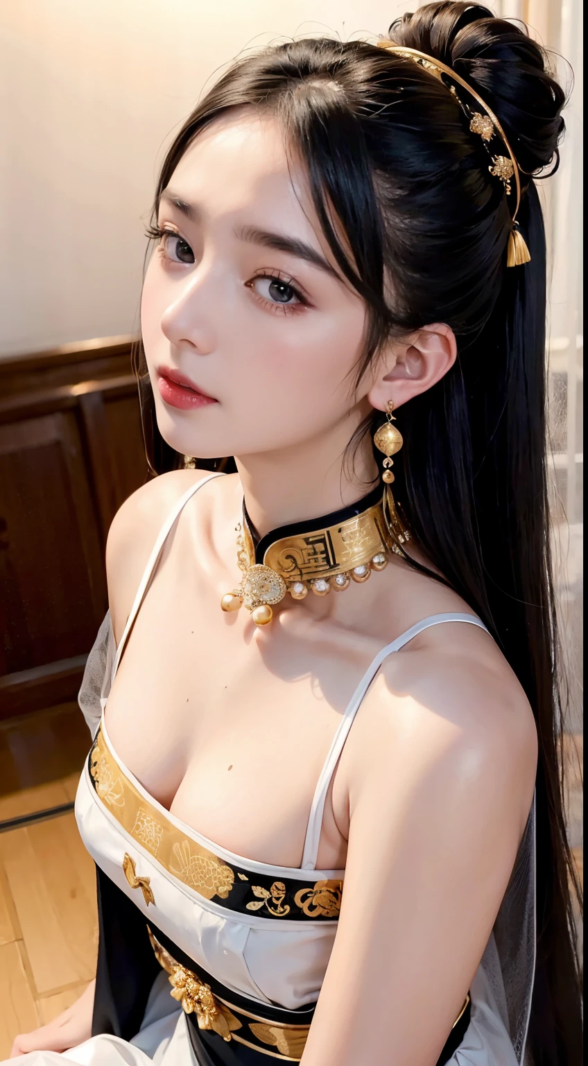 (8K, RAW photo, Photorealistic:1.25) ,( Gloss on lips, eyeslashes, gloss face, Glossy glossy skin, best qualtiy, 超高分辨率, depth of fields, color difference, Caustics, Wide light, naturalshadow, Kpop idol) Being in the room，European style，sitted，sliver long hair，White cheongsam，Red trim，Medium chest detail,8K resolution,超高分辨率,A young girl, A cute girl，short detailed hair，hair-bun，lipsticks，Tassel earrings，choker necklace，Black clear eyes，Smooth hair,鎖骨,Exquisite and perfect facial features, the most beautiful big eyes,Long eyelashes,The eyes are sweet and there are lying silkworms，dynamic angle,Extreme picture quality,Highest precision,Precise and perfect human anatomy，(((Antique tulle black Hanfu，gold embroidery)))，((sitted))，Warm scene，超高分辨率，Ultra-clear vintage black flowing hair，Delicate bun）By bangs，（Long flowing hair，With a bun:1.3）），Delicate collarbones，beautiful make up，Exquisite and perfect facial features，，Big watery eyes，Lying silkworm，Long eyelashes，The eyes are sweet and have eye shadow，Slim waist，Do not show your hands，，lipsticks，Blushlush，Delicate earring earrings，pearls necklace