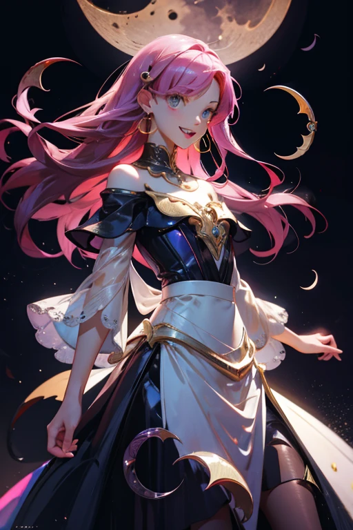 ((Best Quality, masutepiece, absurderes, Hyper-Resolution))
1girl in, Gentle, Elegant, Smiling, Open mouth, Small fangs, Small devil, Looking at Viewer,
BREAK Let's dance with you, reach out to viewer, BREAK flowing sparkling hair, Jewelry Accessories, flowing translucent skirt, Off-shoulder cutout tops with lace BREAK
(detailed crescent moon:1.5), (krystal, Holographic, prisma:1.3)