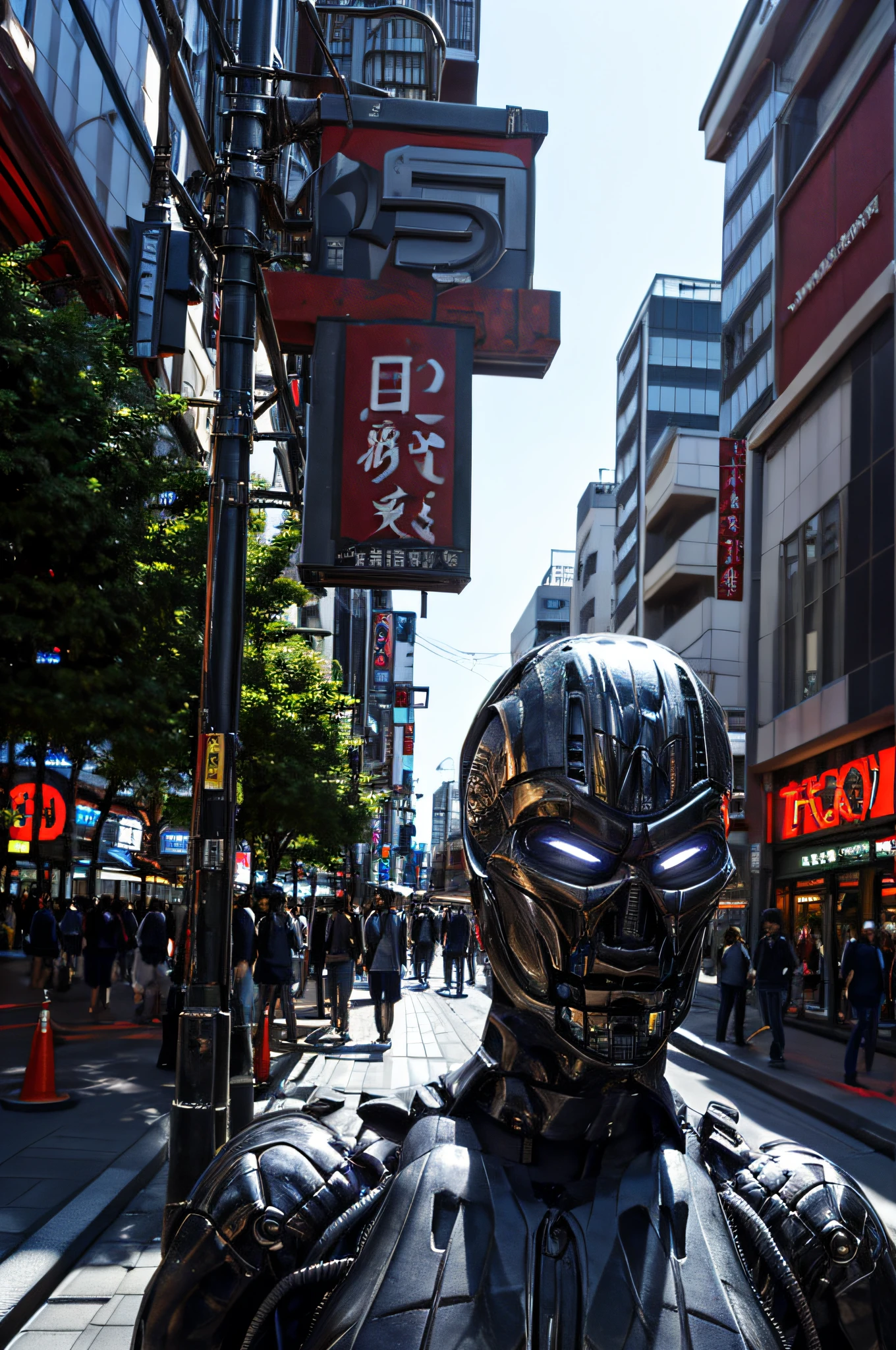 cinematic lighting, T-X endoskeleton, T-X in a tokyo street, daytime, ultra realistic, very high quality, endoskeleton, (T-X Endoskeleton:1.2), sunlight, shiny chrome T-X, detailed T-X, ultrarealistic T-X, photorealistic, a crowded street, (deep focus:1.0), very detailed, sharp details, detailed environment, ultra HD, 8K