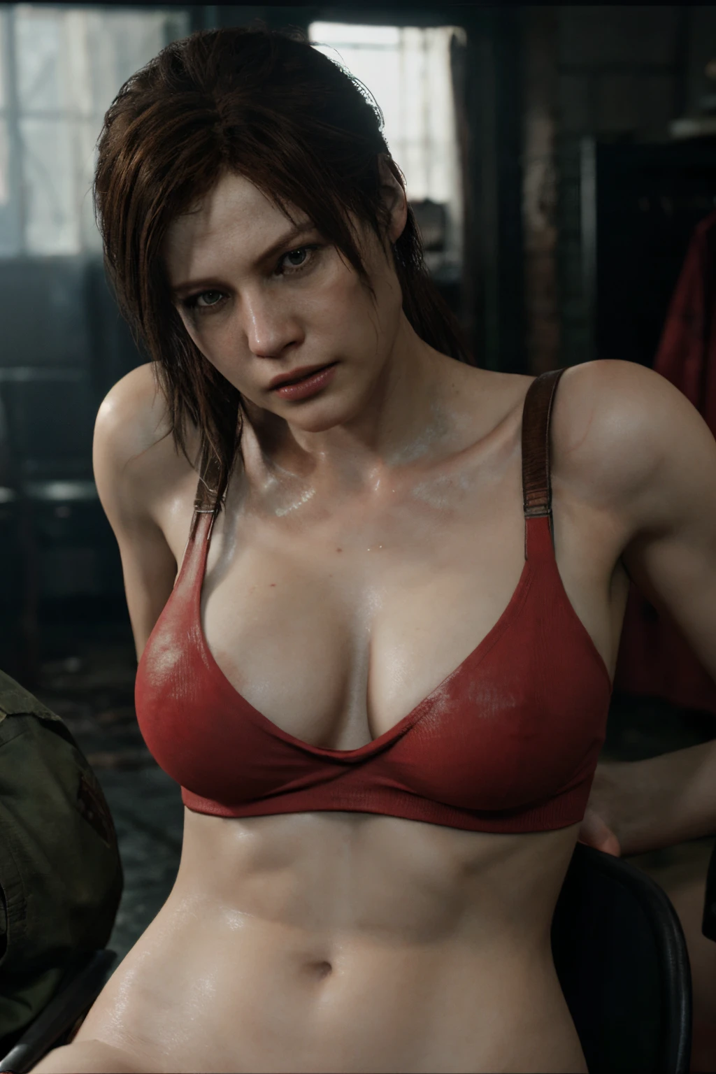 claire redfield resident evil 2 remake in game cutscene facing viewer