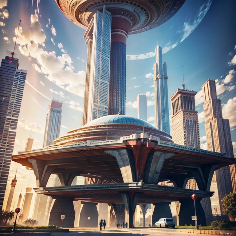 myth AND sky scrapers, loop, infinity, be deep, dynamic angle, stereoscopic effect, multiple layers, best quality, 8K, uhd, 3D render, otherworld, futuristic, round architectures, fictional materials, multiple floating vehicles, elevated roads, drones, solar powered