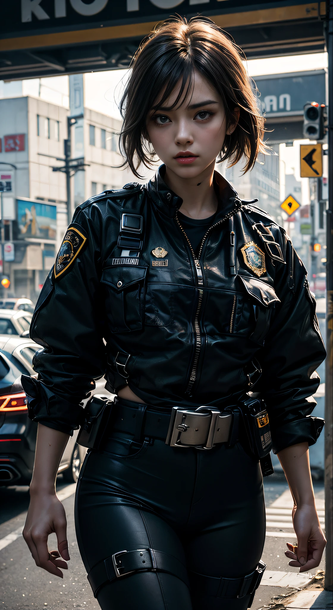 8k, top-quality, (pubic hair beauty)、hight resolution, 逼真, realperson, the met、(((Female Detective)))、chasing the criminal、((Desperate face))、Running and sweating、desperate、pistols、Have a shotgun、police cars