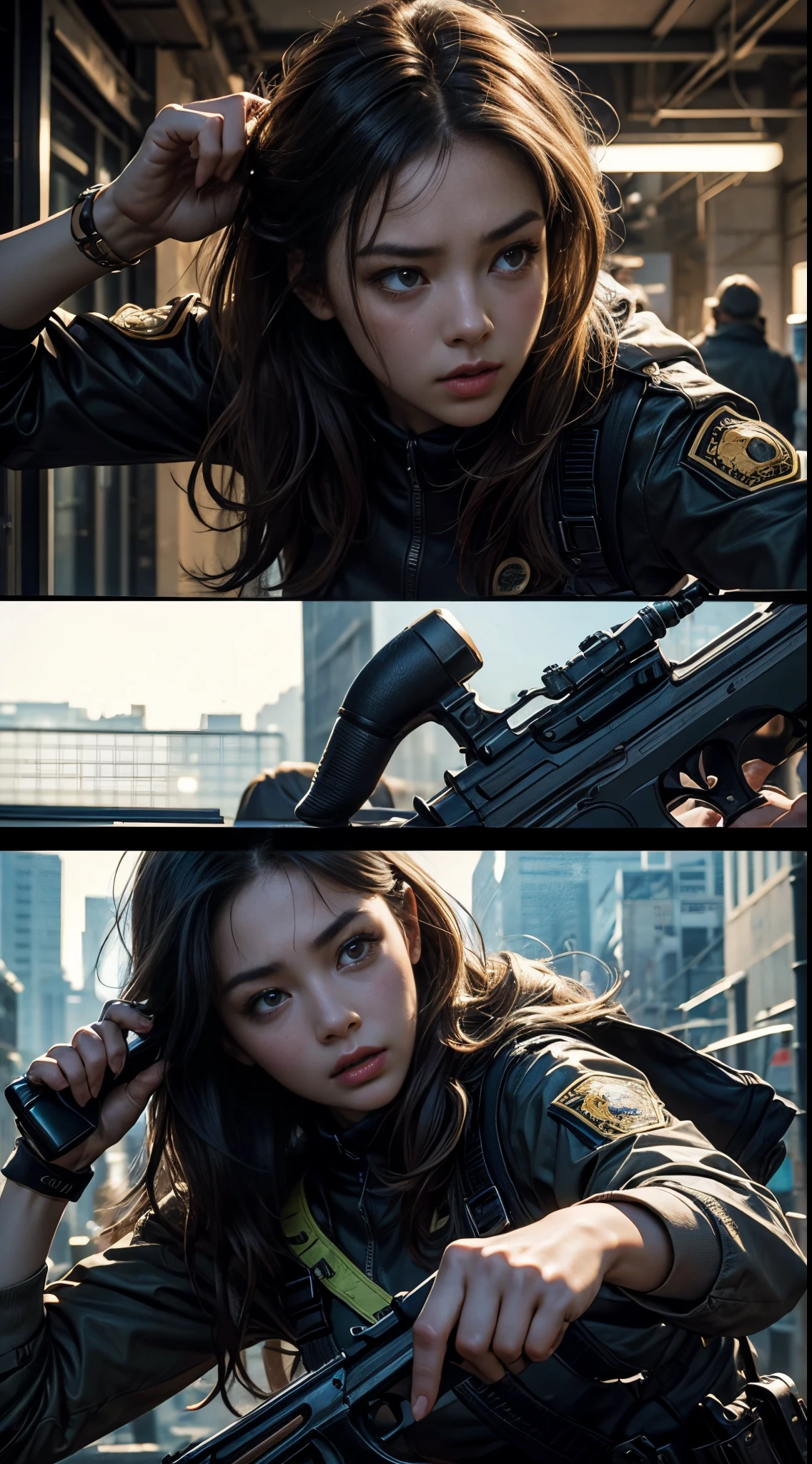 8k, top-quality, （pubic hair beauty）、hight resolution, 逼真, realperson, the met、(((Female Detective)))、chasing the criminal、((Desperate face))、Running and sweating、desperate、pistols、Have a shotgun、Knight 2000