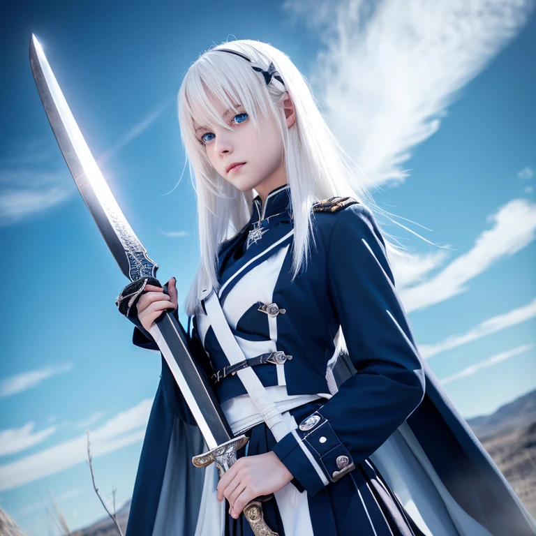 White hair, Blue eyes, Medium length, Sword, sword holding, 20s, girl, Dark blue clothes, White skirt, Whole body, military outfits、the wind