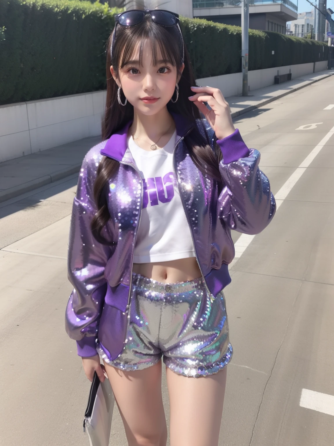 infp young woman、、full body Esbian、silver sequin shorts、、、Idol face、shiny purple track jacket、