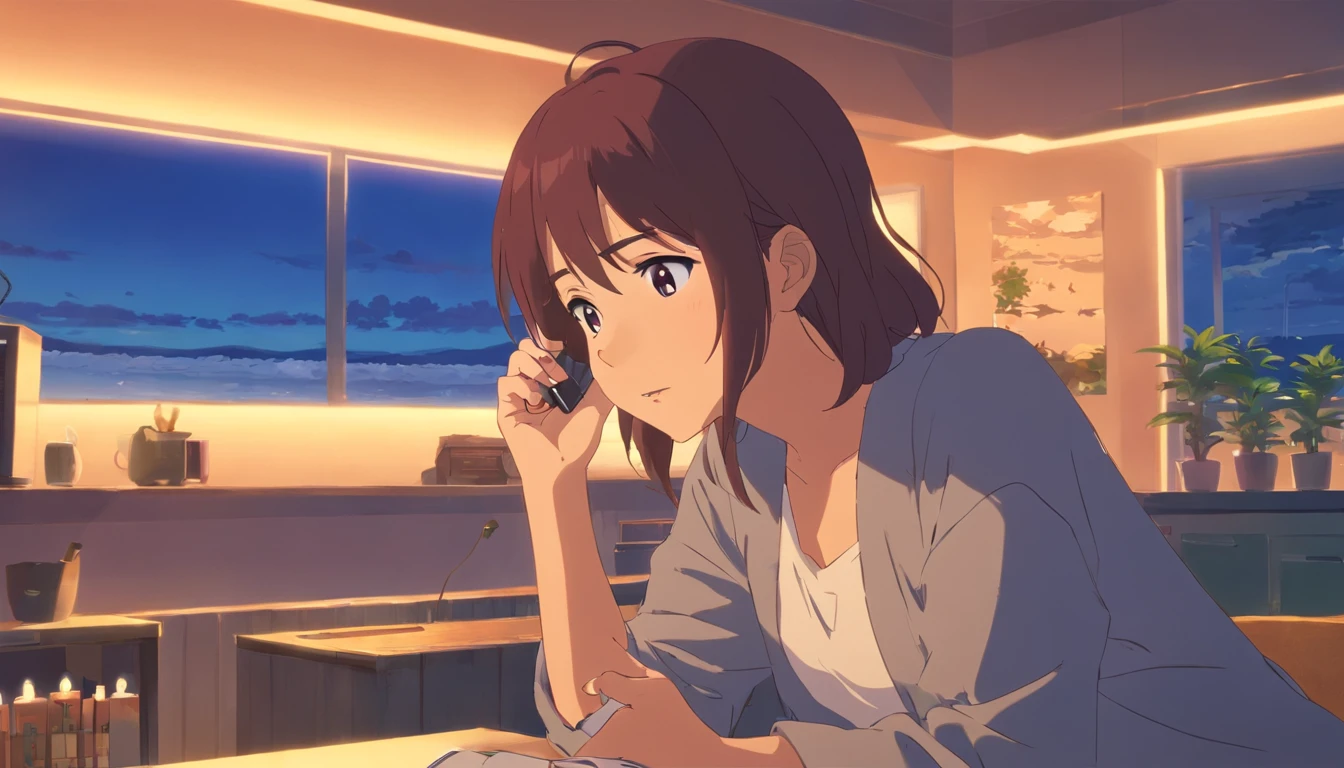 indoors at dusk、A woman with a sad face、calling on mobile phone