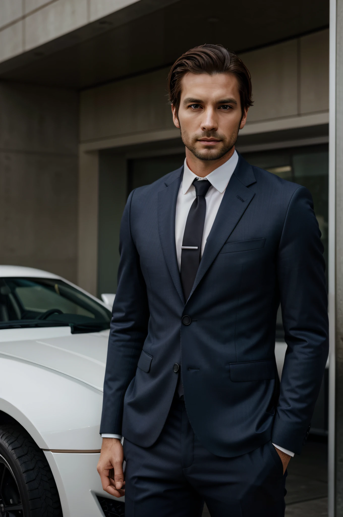 attractive 30 year old man in Hugo boss business suit , Belle barbe , Executive Sexy Man, Terno donc, Front camera focus, mode portrait, perfectly straight in front of the camera, photo in front of a sports car