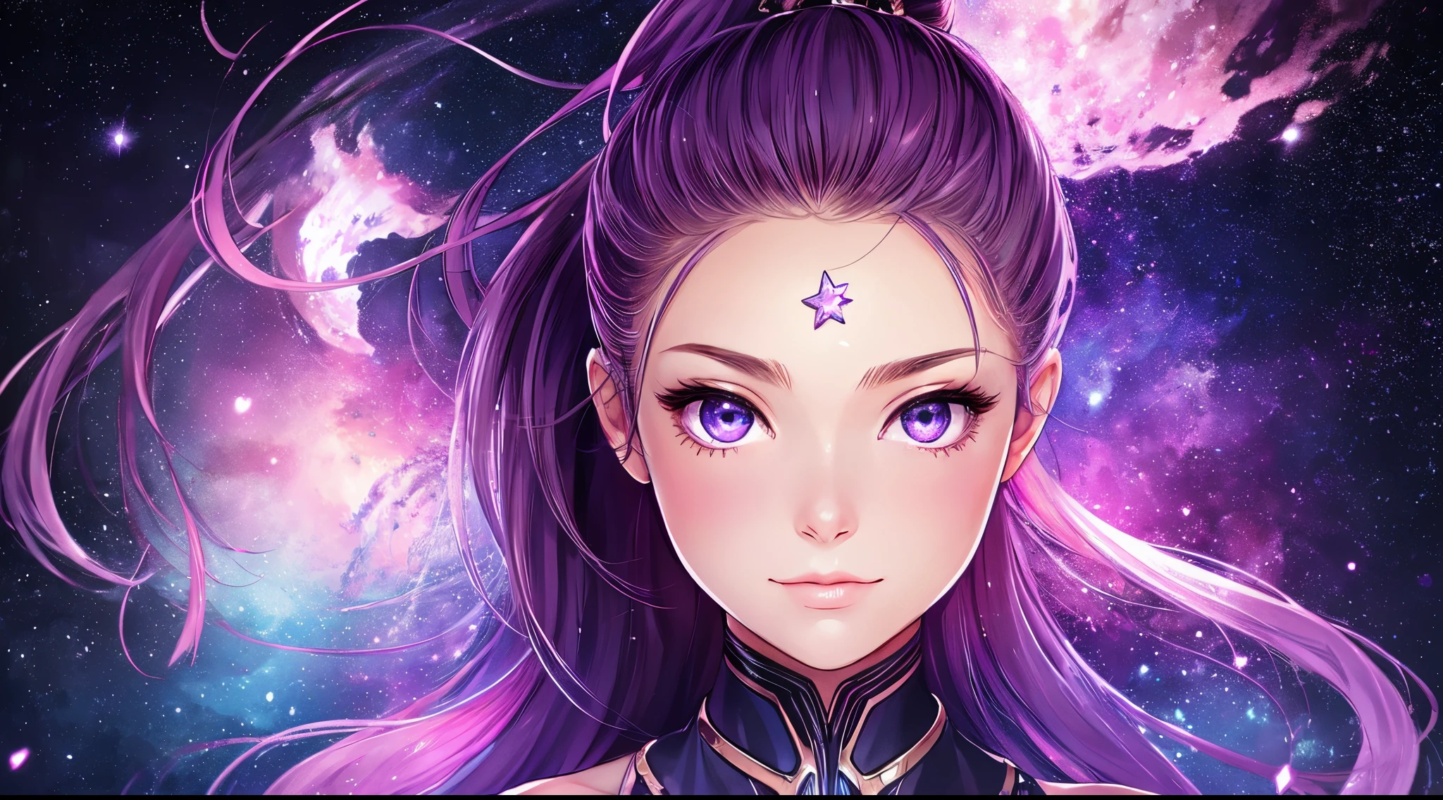 best quality,ultra-detailed,realistic,lovely face,ponytail,purple,stars,nebula,cheeky look,starry eyes,blush cheeks,portrait,painting,soft colors,subtle lighting