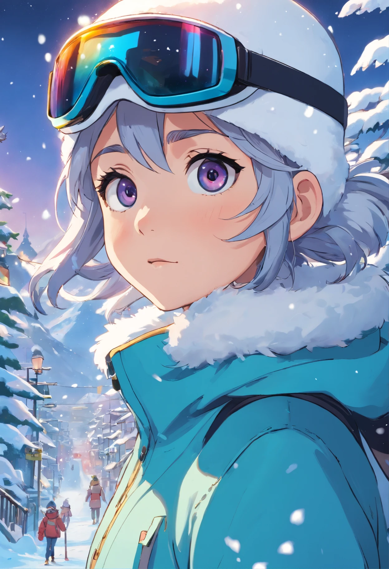 Uma personagem feminina em meio ao caos de um ataque DDOS, your eyes hidden behind a snow-covered visor. She remains resolute in a dystopian world where pandemonium unfolds before her. This work of art combines the unique styles of cartoon and realism, retratando uma personagem com uma viseira coberta de neve que obscurece seus olhos, emphasizing the obscured vision and the world in turmoil. Tiro de snowboard, gelo, nevasca