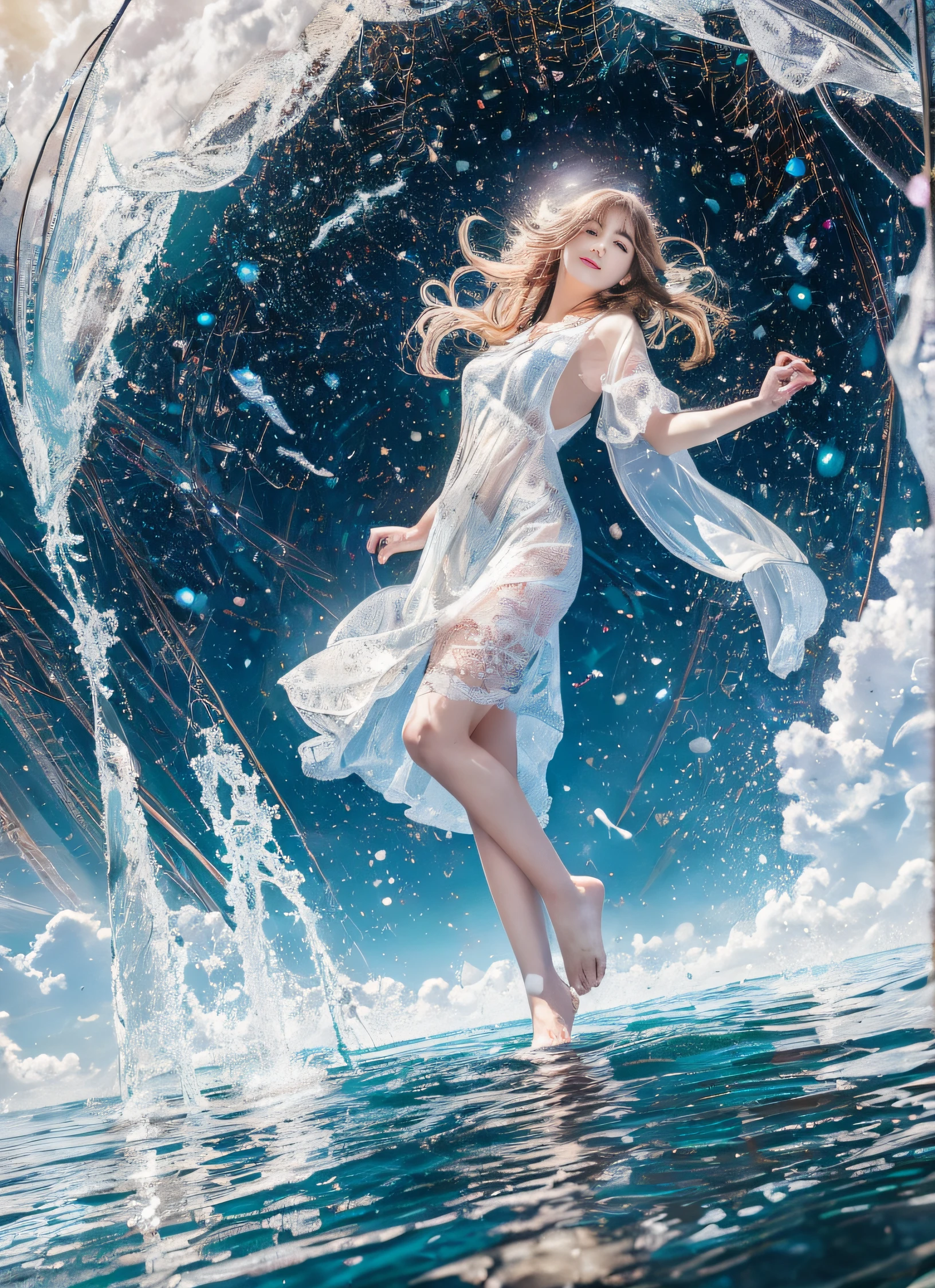 80mm lens,Raw photo、hyperdetailed face、A detailed eye、Detailed mouth、8Kuhad,Best Quality、 hight resolution、 perfect detail、 A beautiful and cute girl、A Japanese Lady、Sheer white clothes、masterpiece、top-quality、Movie stills、One girl、floating in sky、Cloud Girl、clouds、(a closeup:1.1)、with light glowing、Happiness、A delightful、Soft lighting、Detailed hand、Detailed feet