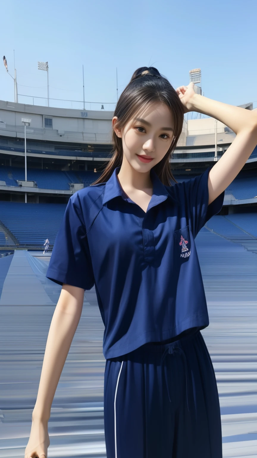 (bestquality,10,10,highres,masterpiece:1.2),ultra-detail,(Realistic,photorealistic portrait,photo-realistic:1.37),1 Cute girl in the football field,oily shiny skin,bara,light smile,BDclothes,((blue shirt:1.3)),short sleeves,shirt, trousers.,(navy_long_Pants Track:1.1), ((Stadium Background:1.3)),dynamic angle,excited,face focus,Dynamic Poses,from behide,Ass Focus,masterpiece, bestquality, ultra realistic, hyper-detail, 8k resolution, RAW photo, crisp focus, ((Navy blue shirt:1.1)), short sleeves, Long Path, Perfect body, 2 mature women, 18yo, cinematic light,Blue sweatpants,Gymware,Correct anatomy,Complete body, Correct body, sharp face, Anatomically correct body, full entire body, Realistic gestures, long-haired, Realistic poses,Wear long shorts..............,Long leg span,Shapely,Sculpting Girl, Slender Figure, mannequin mannequins, Shapely, Beautiful body,Blue sweatpants