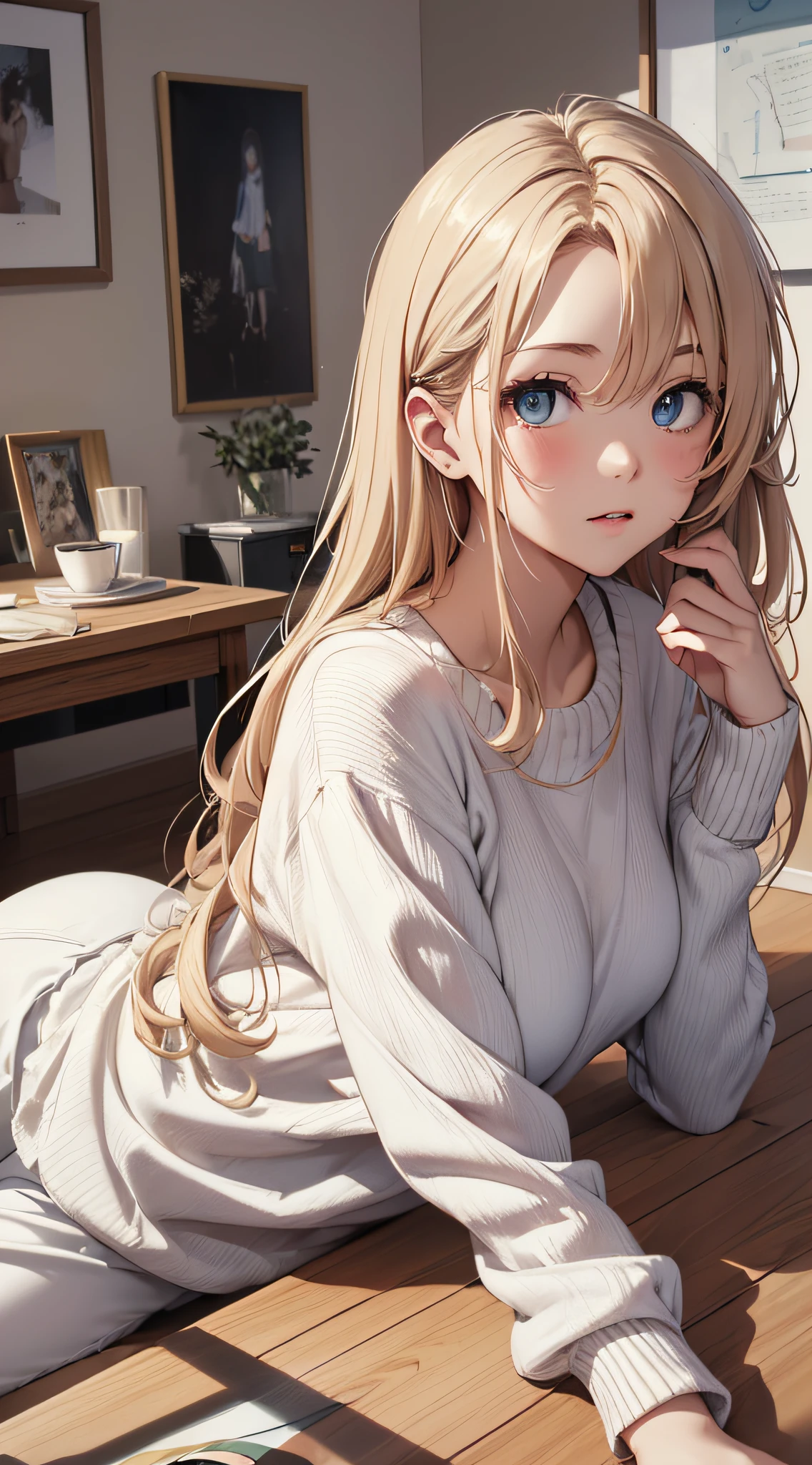 top-quality、Top image quality、masterpiece、girl with((18year old、Best Bust、big bast,Beautiful blue eyes、Breasts wide open, a blond、A slender,Large valleys、white sweater clothing、White pants、))hiquality、Beautiful Art、Background with((Nice and clean room.、pink floor mat、Wooden table、tee、Stylish bed)))、,masutepiece、visualart、depth of fields、
