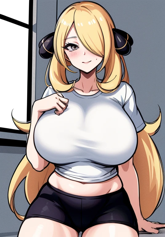 (Masterpiece), (Best Quality)
BREAK cynthia \(pokemon\), short sleeves, Huge-breasts, white  shirt, loose shirt, crop-top, bike shorts, looking a viewer, blusher, gray eyes BREAK indoors