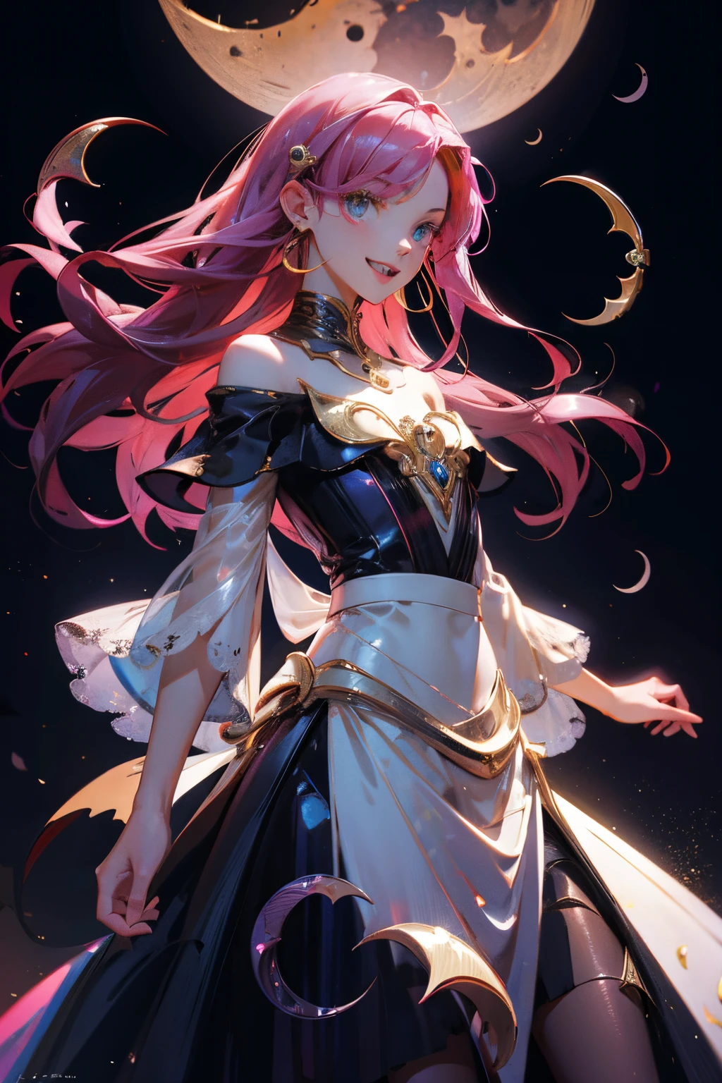 ((Best Quality, masutepiece, absurderes, Hyper-Resolution))
1girl in, Gentle, Elegant, Smiling, Open mouth, Small fangs, Small Devil, Looking at Viewer,
Let's break out'dance with you, reach out to viewer, BREAK flowing sparkling hair, Jewelry Accessories, flowing translucent skirt, Off-shoulder cutout tops with lace BREAK
(detailed crescent moon:1.5), (krystal, Holographic, prisma:1.3)