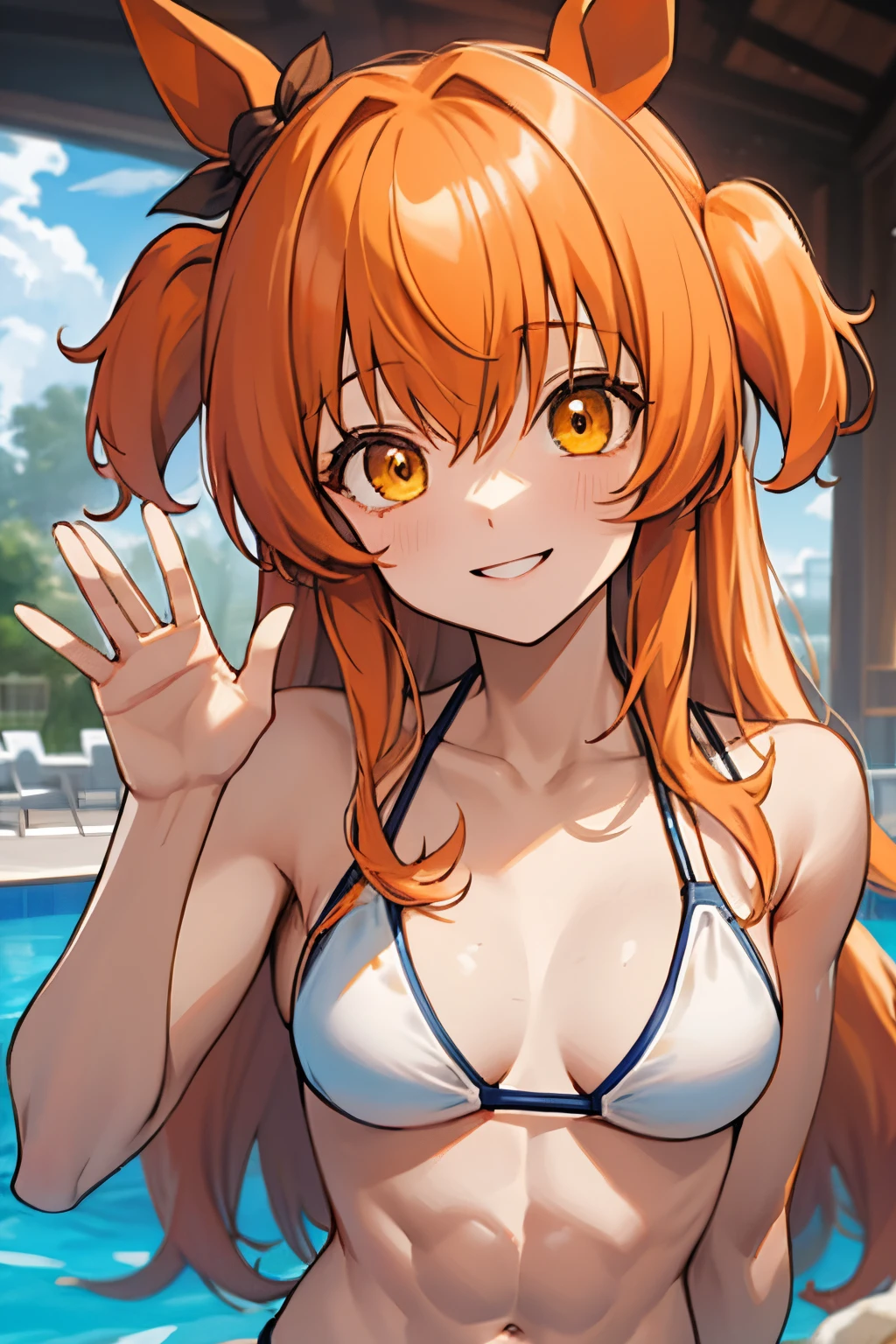 mayano top gun\(umamusume\), ultra-detailed face, masterpiece, best quality, upper body, muscular body, abs, front, white bikini, pool, light smile, waving