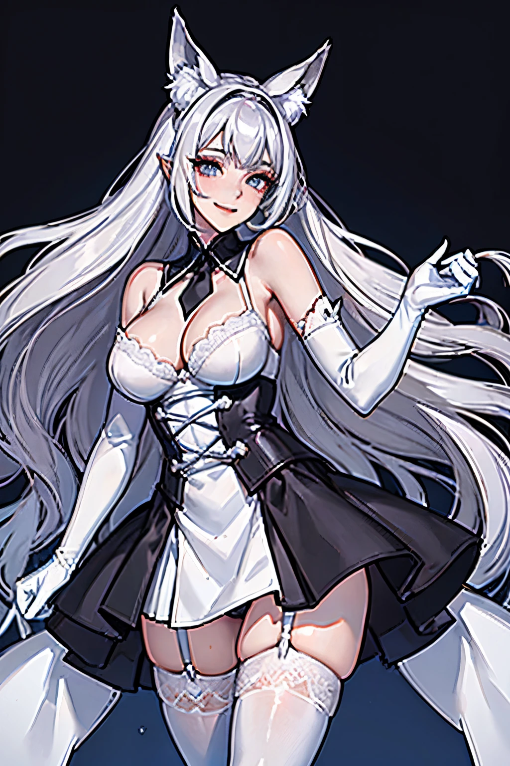 masutepiece　 The highest image quality　Super vivid　high-detail　One Young Woman（（Adults））　White Long Gloves（（blanche）（Long gloves））　white stockings（（blanche）（Stockings））　an lingerie（blanche）　A sexy　Wolf ears　The hair（（Curta）（Grey hair））　a smile　Eye color is blue　Standing　pumps（A black）　The whole body is reflected